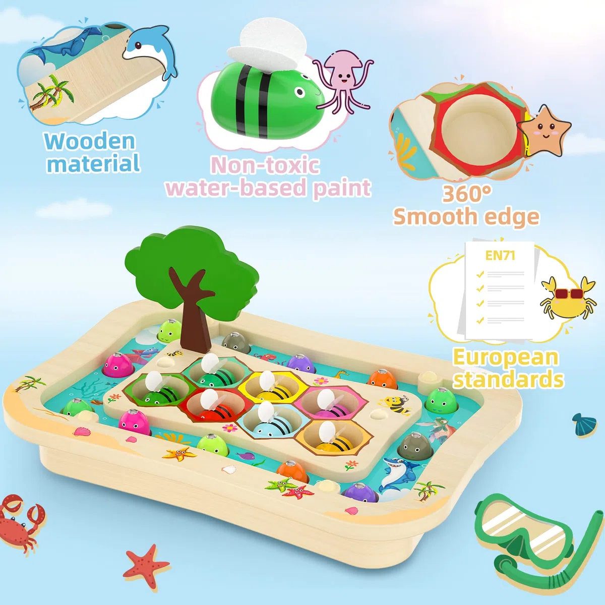 Uping Holzspielzeug AngelSpiel ab 3 Jahre, 2 in 1 Montessori Kinder Holz Magnetisches Spielzeug Mädchen Jungen Lernspielzeug Geschenk Fischspielzeug Fische Angeln, Patentschutz