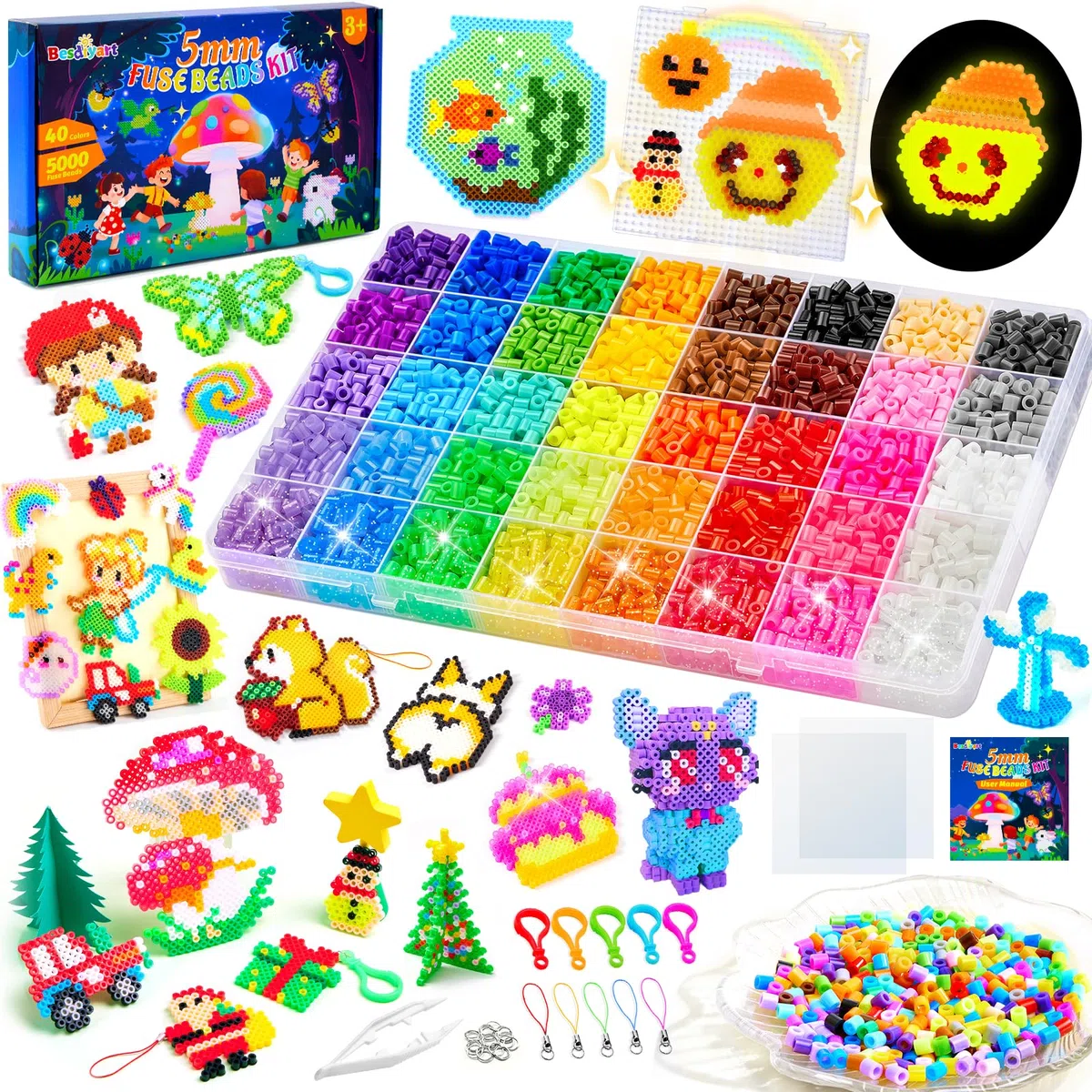 Bügelperlen Set, 5000 Stück 5mm Perlen mit 40 Farben, inkl. Leuchtende Bügelperlen & Glitzerperlen, Platten, Kreativset Bastelset für für Kinder ab 3 Jahren