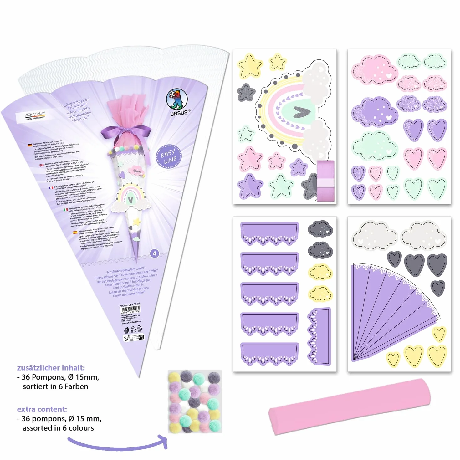 Ursus 9890004 - Schultüten-Bastelset Easy Line mini Regenbogen, Lila, 6-eckig, vorgestanzte 3D-Colorwellpappe, 41 cm, Durchmesser ca. 15 cm, zum Basteln einer individuellen Zuckertüte