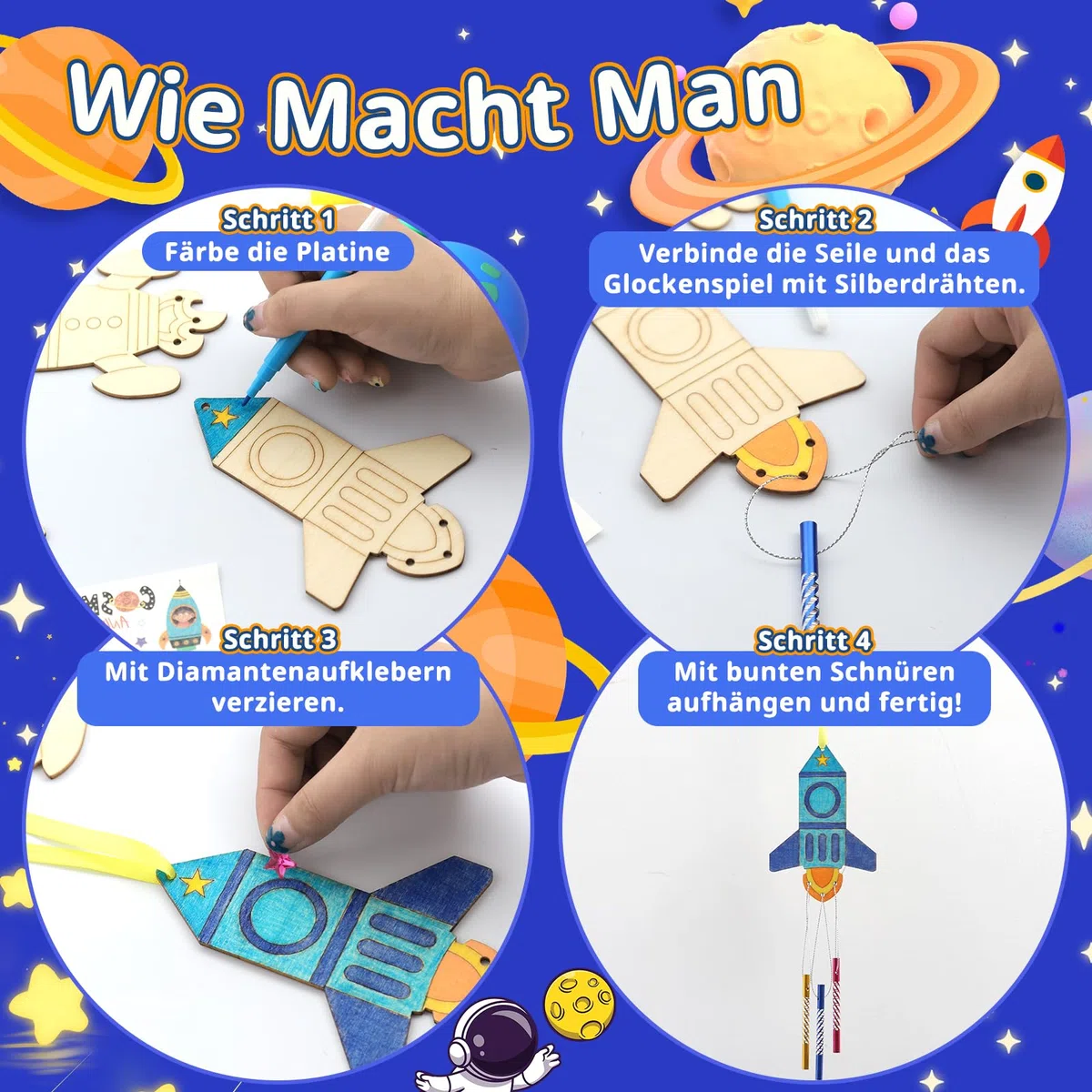 Kaluofan Windspiel Bastelset Kinder,12 STK Raketen Windspiel Basteln,DIY Kindergeburtstag Basteln Holz zum Bemalen,Weltraum Bastelset Kindergeburtstag für Jungen Mädchen Outdoor Party Deko