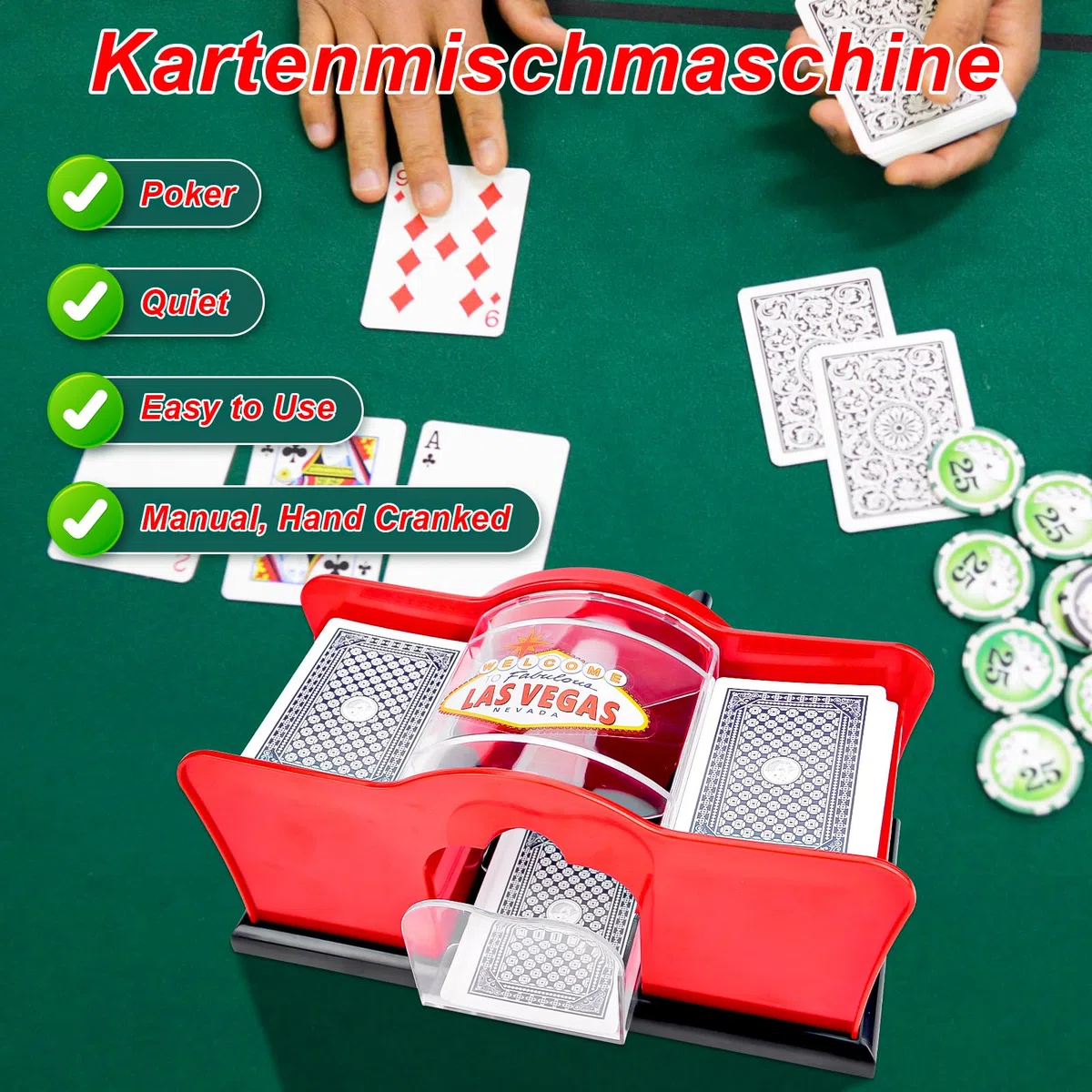 Pipihome Manuelles Kartenmischmaschine, Mischmaschine Karten für 2 Decks mit Kurbel, Kartenmischer Card Shuffler, Kartenmischgerät für Spielkarten bis 91 mm UNO, Poker, Texas Hold Em, Omaha, Baccarat