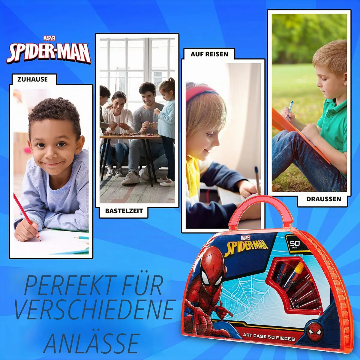 Spiderman Malset aus 49 PCS | Malkasten für Kinder in Transportbox | für Jungen ab 3 Jahren | bestehend aus Wasserfarben, Malstiften, Wachsfarben, Bleistiften | hochwertiger Malkoffer