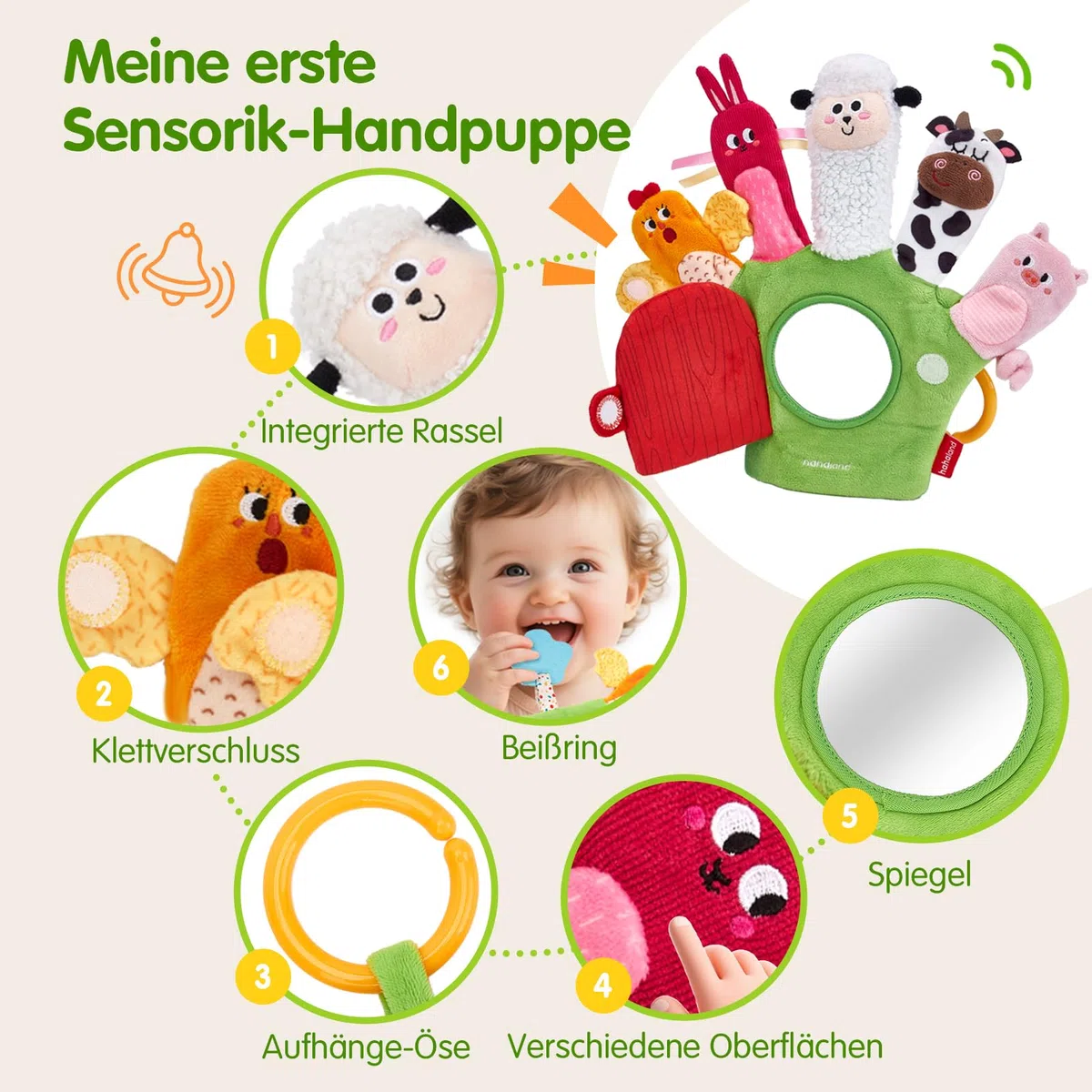 hahaland Baby Sensorik Spielzeug ab 6 12 Monaten - Bauernhof Handpuppen Fingerpuppen mit Beißring & Spiegel für Kinder, Jungen Mädchen, Tummy Time Toy, Baby Geschenk Geburt & Neugeborenen Geschenk