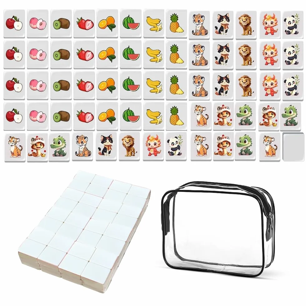 65 Blöcke Seaside Escape Spiel, 30mm Escape Spiel Blöcke, Seaside Escape Game Blocks Mahjong mit Aufkleber, Obst & Tier Pattern Mahjong, Mini Mahjongs Set für Familie Reise Spiel Partytreffen