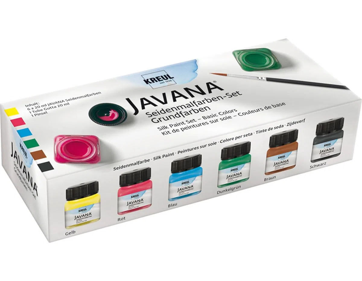 KREUL 81600 - Javana Seidenmalfarben, Set Grundfarben, 6 Farben im 20 ml Glas, 20 ml Gutta und ein Pinsel, hochpigmentierte brillante Farben, für Seide und helle Textilien