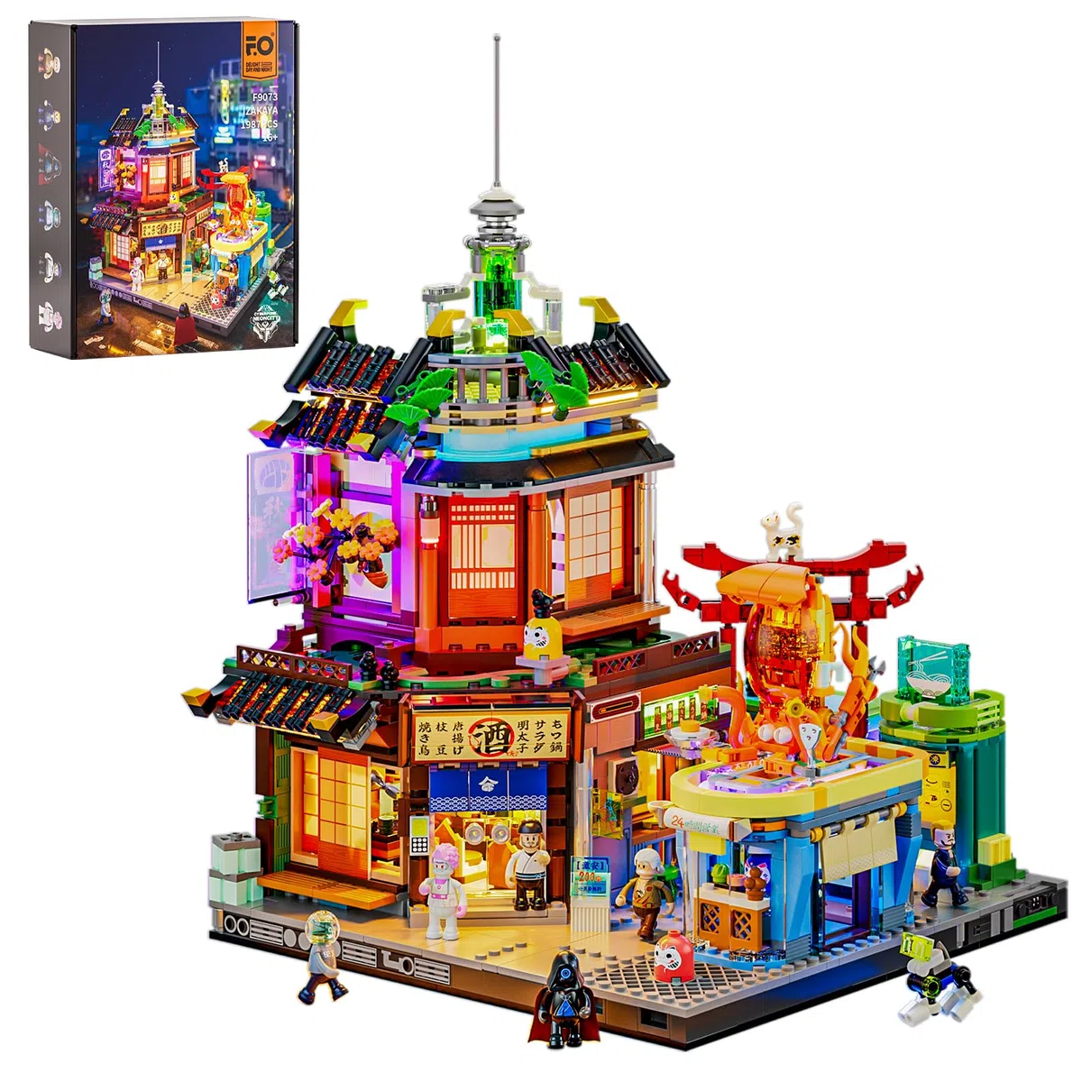 FUNWHOLE Cyberpunk Japanisches Izakaya Licht-Baustein Set – 1987 Teile Modularer Cyberpunk Neon-Stadt Zukunfts-Pub Japanische Straßenszene LED-Licht Modellset für Erwachsene und Sci-Fi-Fans