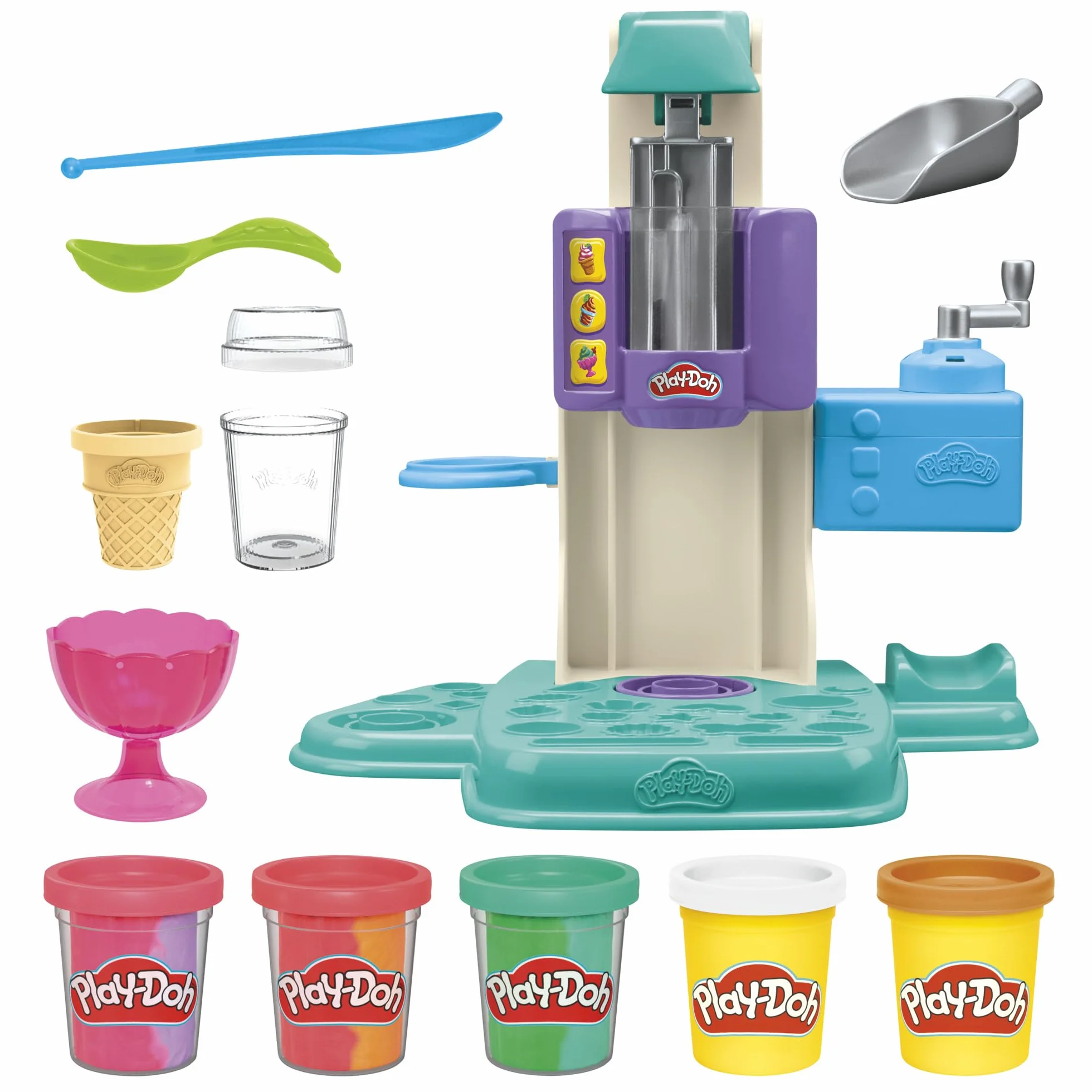 Play-Doh Bunte Regenbogen Eismaschine, 2 x 56g einfarbig & 3 x 56g zweifarbig, Spielküchen-Set mit Zubehör, kreatives Spielen für Kinder ab 3 Jahren