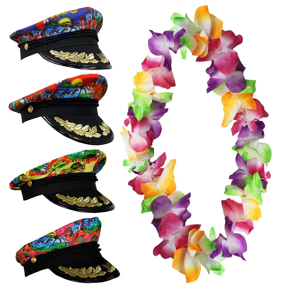 Sailor Mütze Hawaiian Look + mehrfarbig Blume Lei Blumenkette Fancy Kleid Hula Set Captain Boot Party Hawaii
