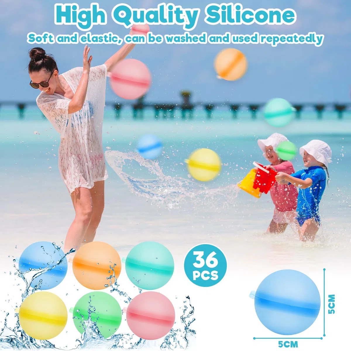 Wiederverwendbare Wasserbomben 36 Stück, Silikon Wasserballons 5 cm mit Clipverschluss in 6 Farben, Mehrweg Wasserbälle für Kinder, Pool Spielzeug für Strand, Garten, Wasserschlacht und Sommerparty