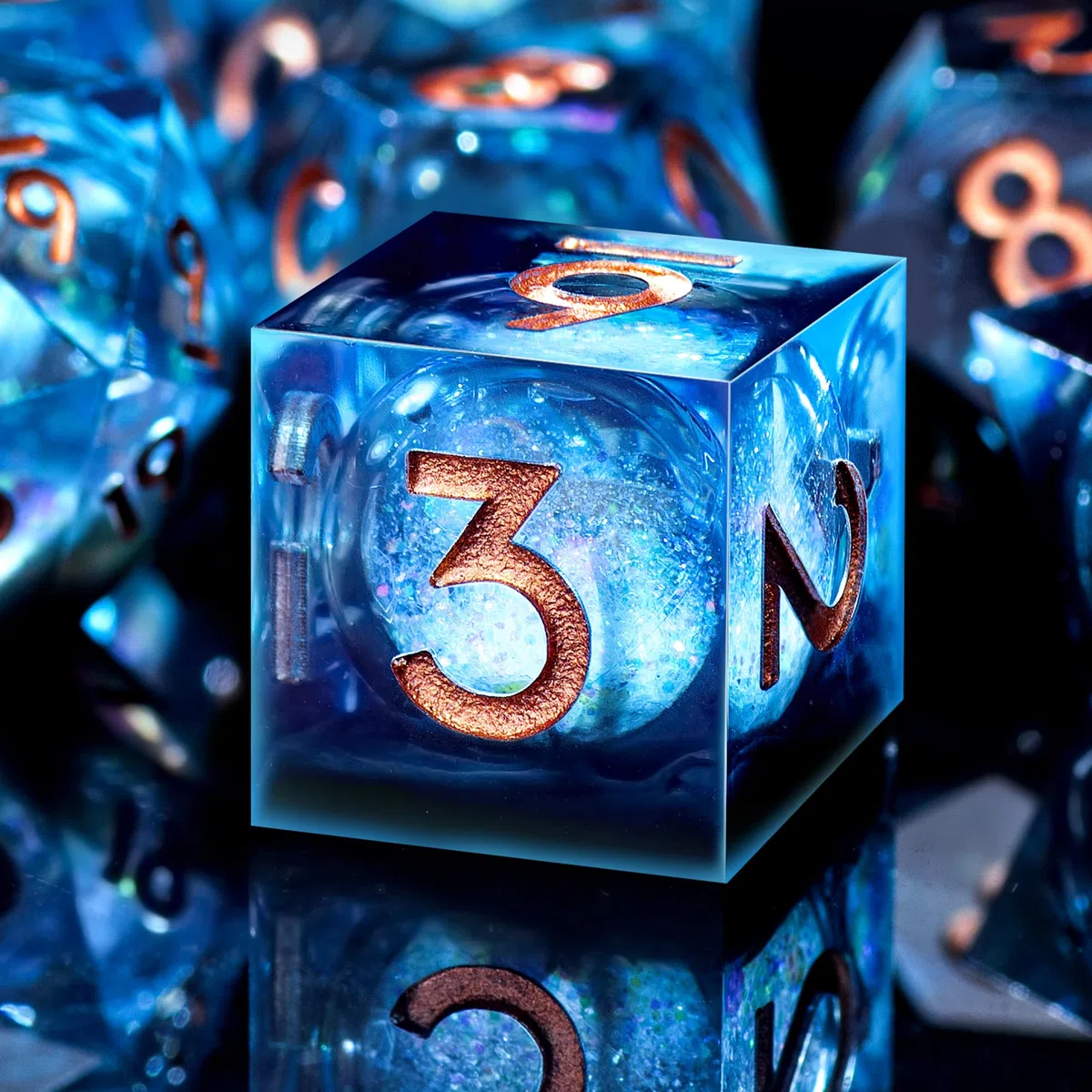 SIQUK 7 Stück Würfel Set Polyedrische Würfel Liquid Core Würfel D4 D6 D8 D10 D12 D20 D% Spielwürfel für DND RPG MTG, Blau & Schwarz, Gold
