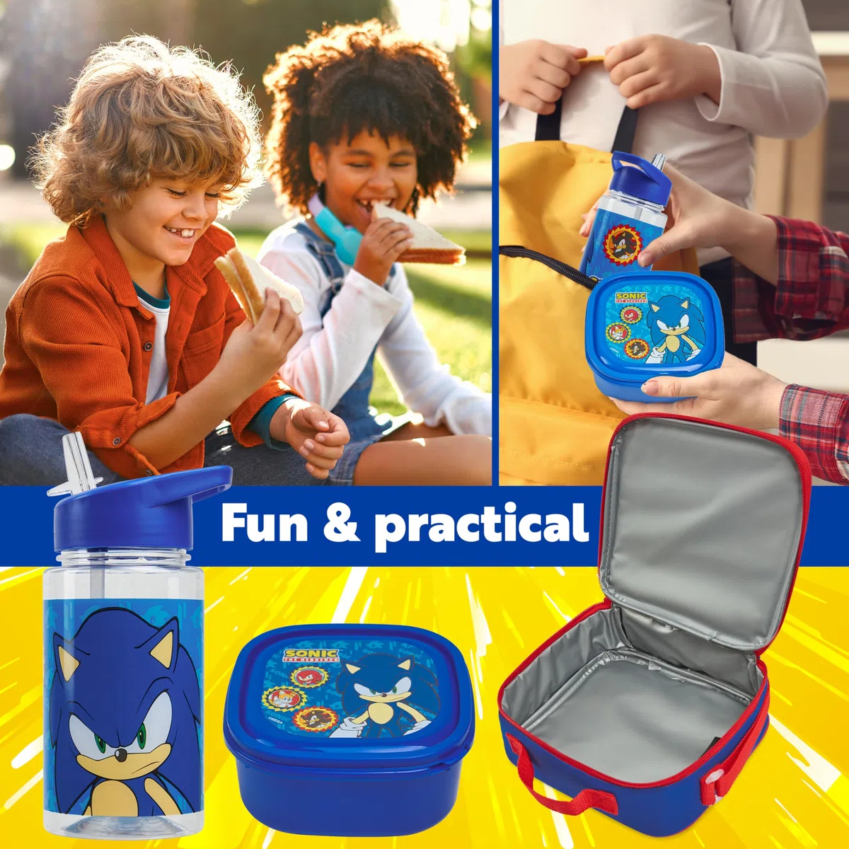 Get Trend SONIC THE HEDGEHOG Lunchtasche Kinder Set mit Trinkflasche und Lunchbox BPA Frei Isolierte Tasche für Schule Kita Kindergarten Urlaub (Sonic)