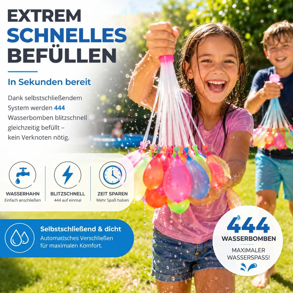 444x Selbstschließende Wasserbomben bunt - Erwachsene & Kinder - Schnell befüllbar - Luftballons