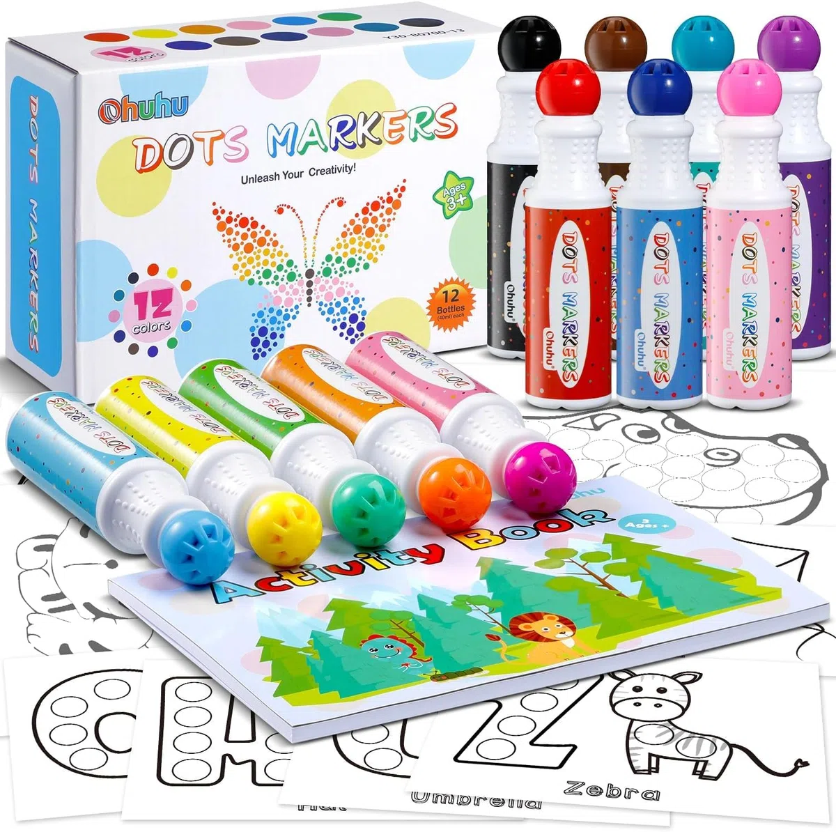 Ohuhu Bingo Dabbers, 12 Farben Auswaschbar Dot Marker für Kinder (40 ml) mit einem leeren 30 Seiten Kinder Activity Book für Vorschule ungiftig Wasser-basierte Punkt-Kunstmarker