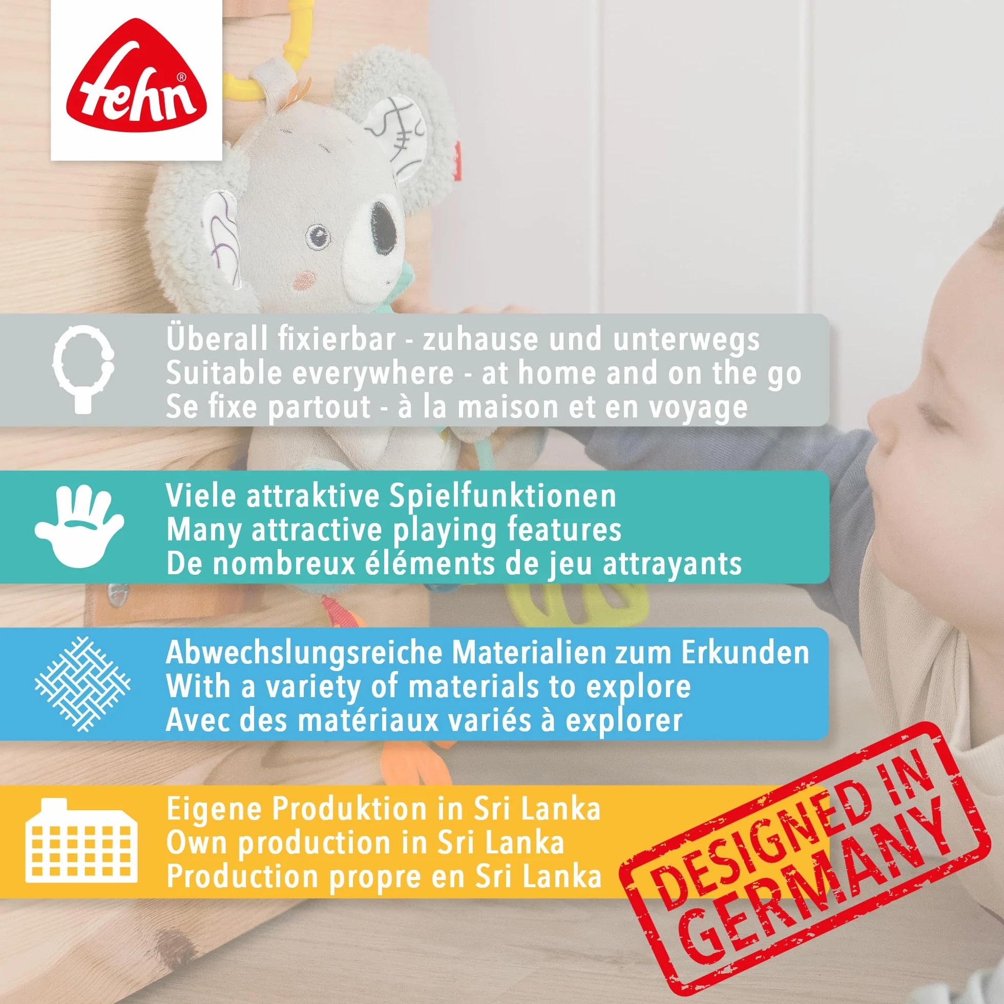 Fehn Activity-Otter Theo – Motorikspielzeug zum Aufhängen mit spannenden Anhängern zum Greifen und Geräusche erzeugen für Babys und Kleinkinder ab 0+ Monaten