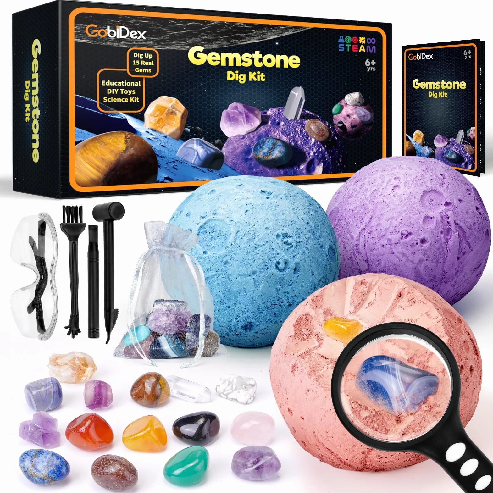 GobiDex Ausgrabungsset für Kinder, Natürliche Edelsteine und Kristalle, Mineralien Steine für Kinder ab 6 7 8 9 10, Mond Schatzsuche Spielzeug, Sonnensystem, Planeten Geschenk für Jungen und Mädchen