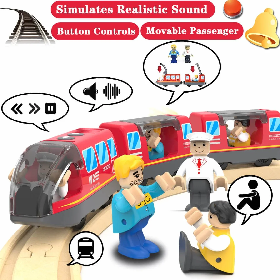 LiRiQi Eisenbahn elektrische lok Holzeisenbahn Zug Kinder, Batteriebetriebener Lokomotivzug, Motorzug kompatibel mit Thomas Brio, Geschenk Spielzeug für Junge Mädchen ab 3 Jahren, Rot