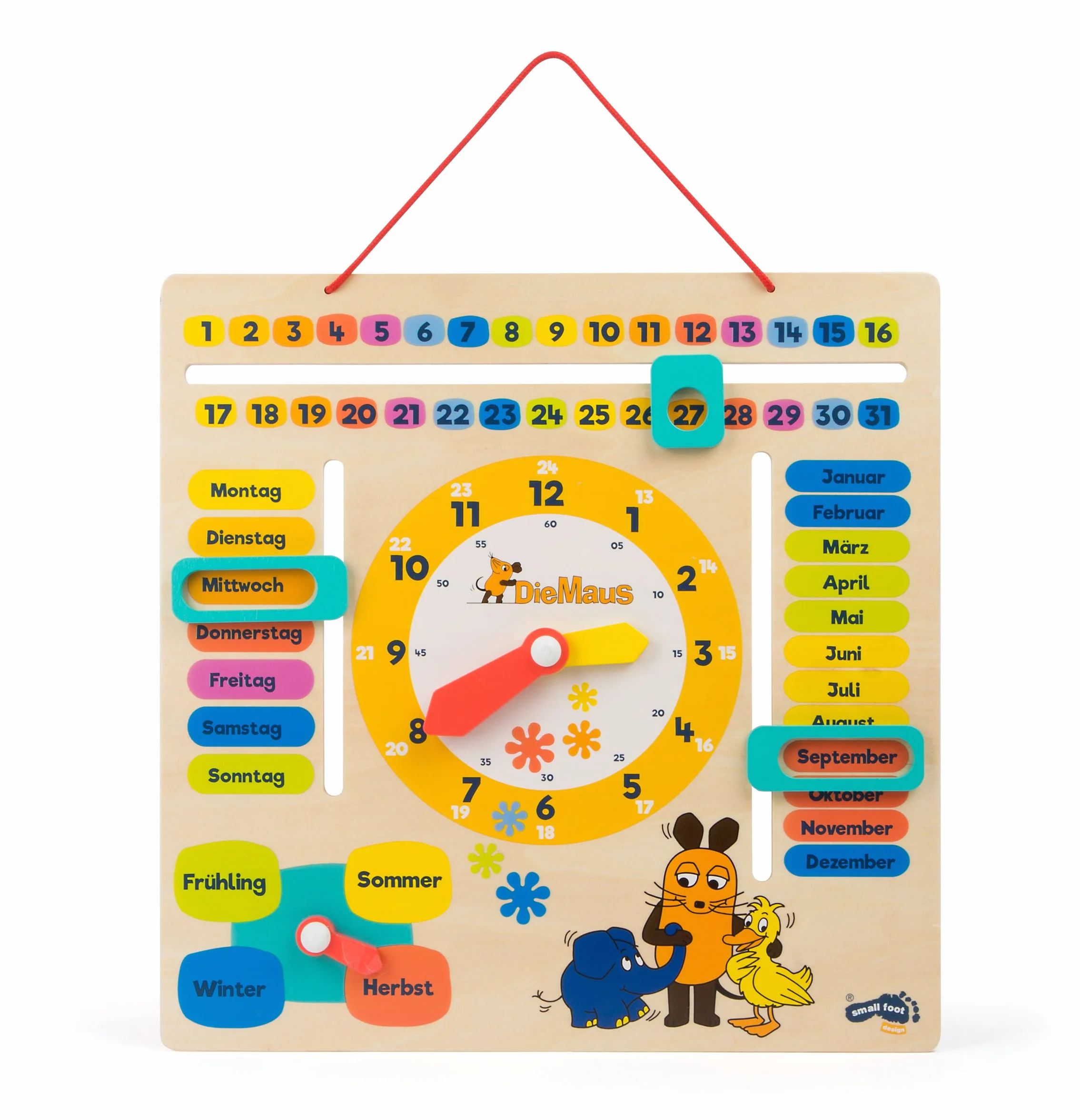 small foot Die Maus Lernuhr mit Kalender aus Holz, erklärt Datum, Jahreszeit und Uhrzeit, für Kinder ab 3 Jahren, 10496