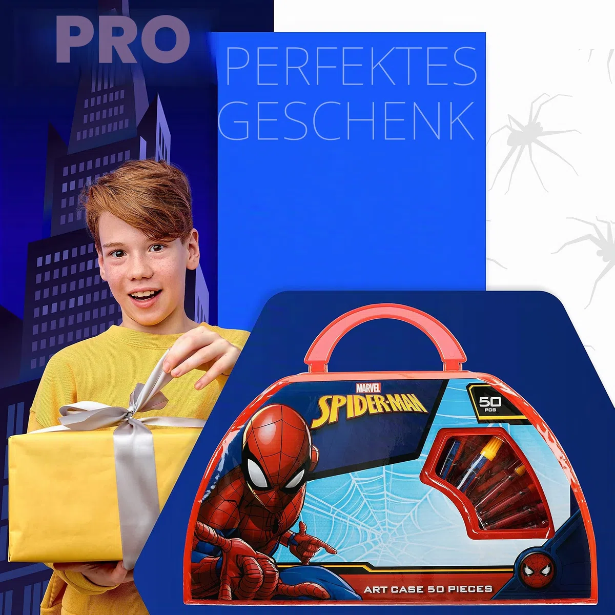Spiderman Malset aus 49 PCS | Malkasten für Kinder in Transportbox | für Jungen ab 3 Jahren | bestehend aus Wasserfarben, Malstiften, Wachsfarben, Bleistiften | hochwertiger Malkoffer