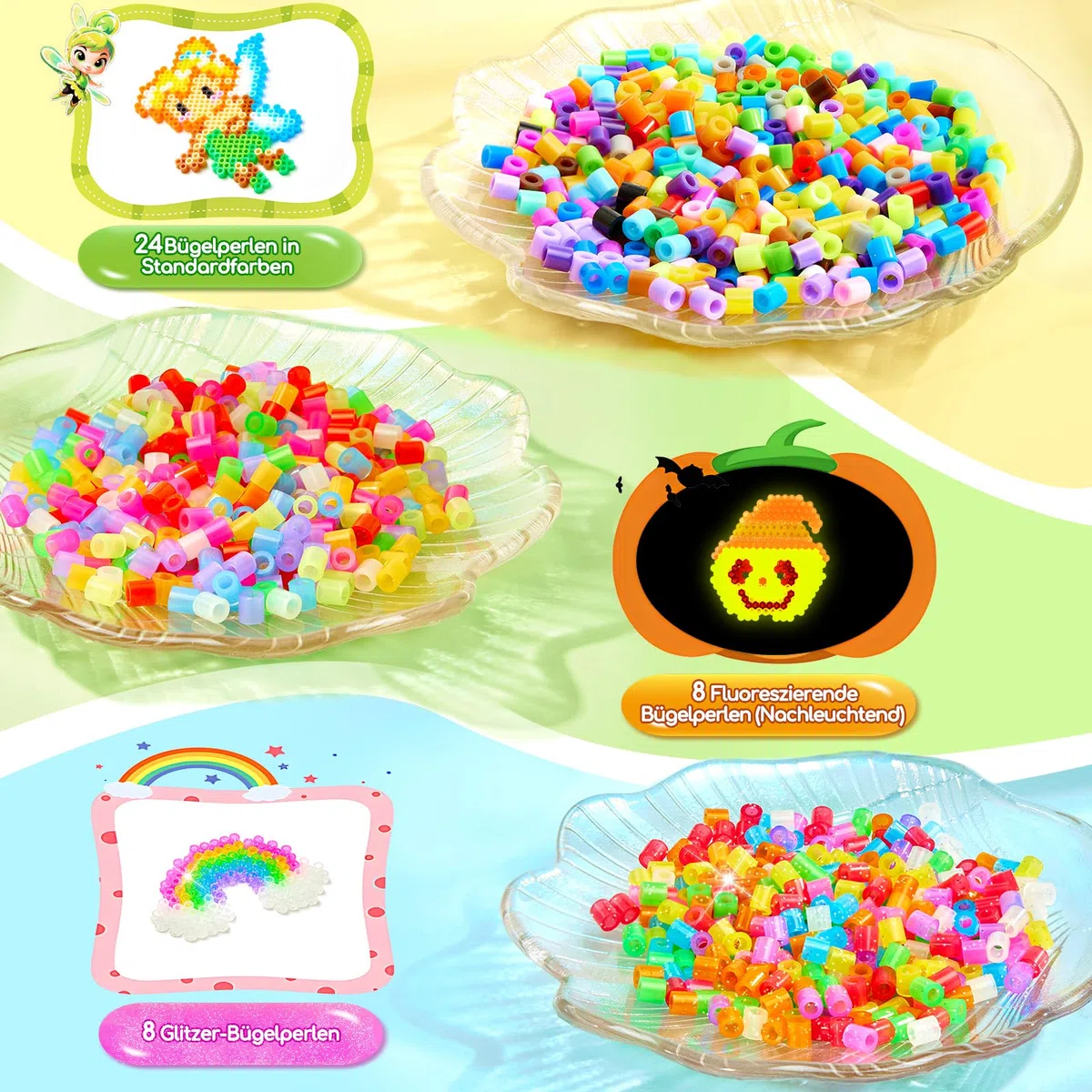 Bügelperlen Set, 5000 Stück 5mm Perlen mit 40 Farben, inkl. Leuchtende Bügelperlen & Glitzerperlen, Platten, Kreativset Bastelset für für Kinder ab 3 Jahren