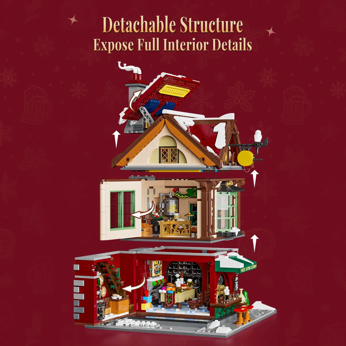 LUMIBRICKS Weihnachts-Pub Bauset mit LED-Beleuchtung und Soundmodul, 2142 Teile Weihnachtsdorf-Modell für Erwachsene, Modulares Gebäude mit Licht- und Musikeffekten