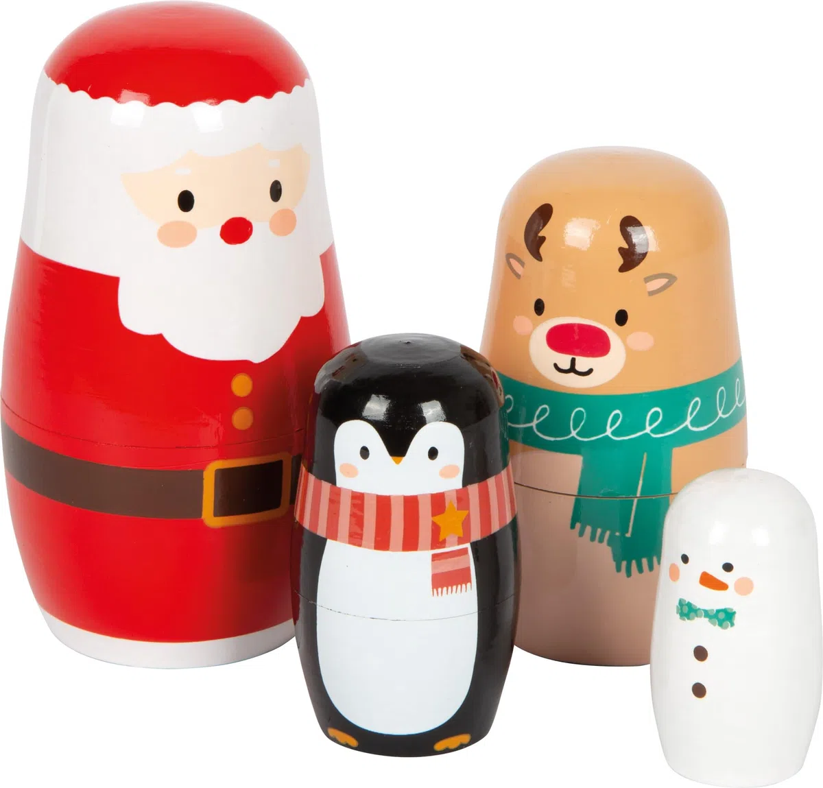 small Foot Matrjoschka Weihnachten Figuren aus Holz, niedliche Nistpuppen, 4-teilig, Stapelspiel für Kinder ab 2 Jahren, 12682