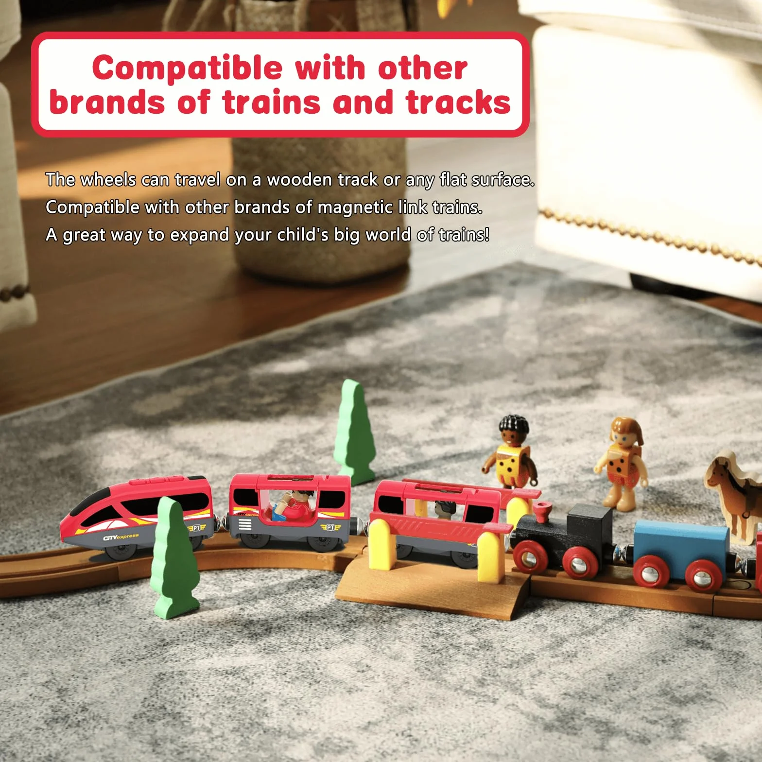 DxxD Eisenbahn Elektrische lok Holzeisenbahn Zug, Batteriebetriebenes Lokomotivzug mit Frontscheinwerfern und Sound, Zugset Kompatibel mit Brio, Thomas, Spielzeugauto Junge Kinder ab 3 Jahren, Rot