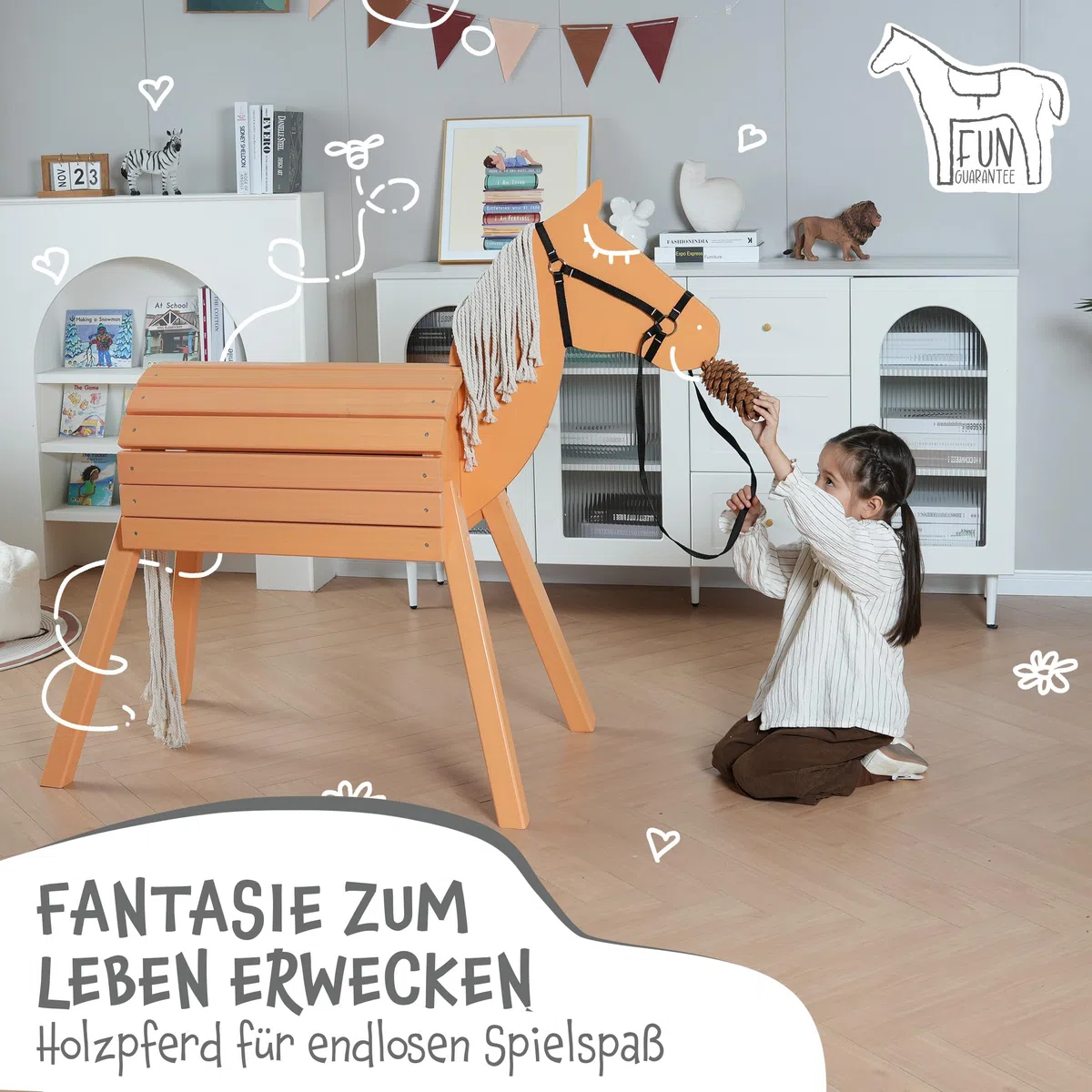 Pink Papaya Holzpferd für draußen, Reitpferd aus Holz für Kinder, Spielpferd XXL für den Garten, Outdoor Pferd mit Mähne und Schweif
