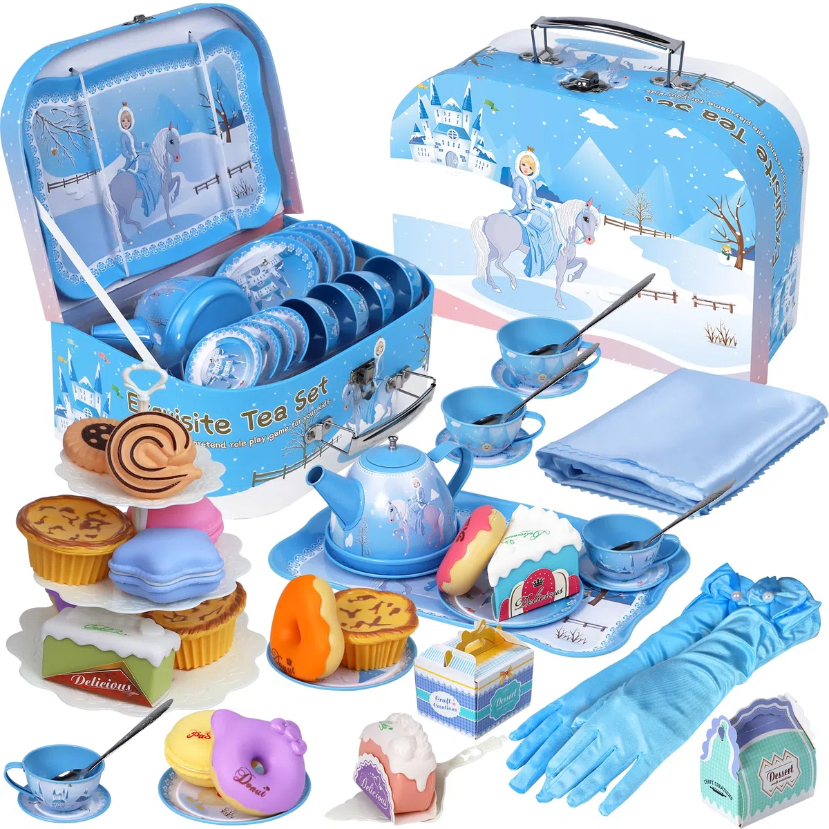 Magic4U Teeservice Kinder,Spielzeug Tragekoffer,Teeparty Rollenspiel Kleine Mädchen,Zinn Tee Set mit Dessert Donut Spielzeug Zubehör Teeparty Set Teekanne Kinder Teeservice Set Geschenke ab 3 Jahren