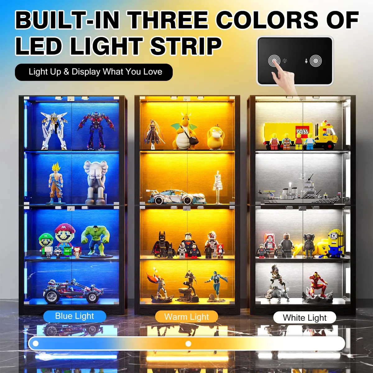 Vitrine mit LED Beleuchtung und Glastüren, Sammlervitrine für Kuriositäten Actionfiguren, Ausstellungsvitrine mit Intelligente Sensorik, 4-Lagen Vitrine für Wohnzimmer Büro (Schwarz：165*80*35cm)