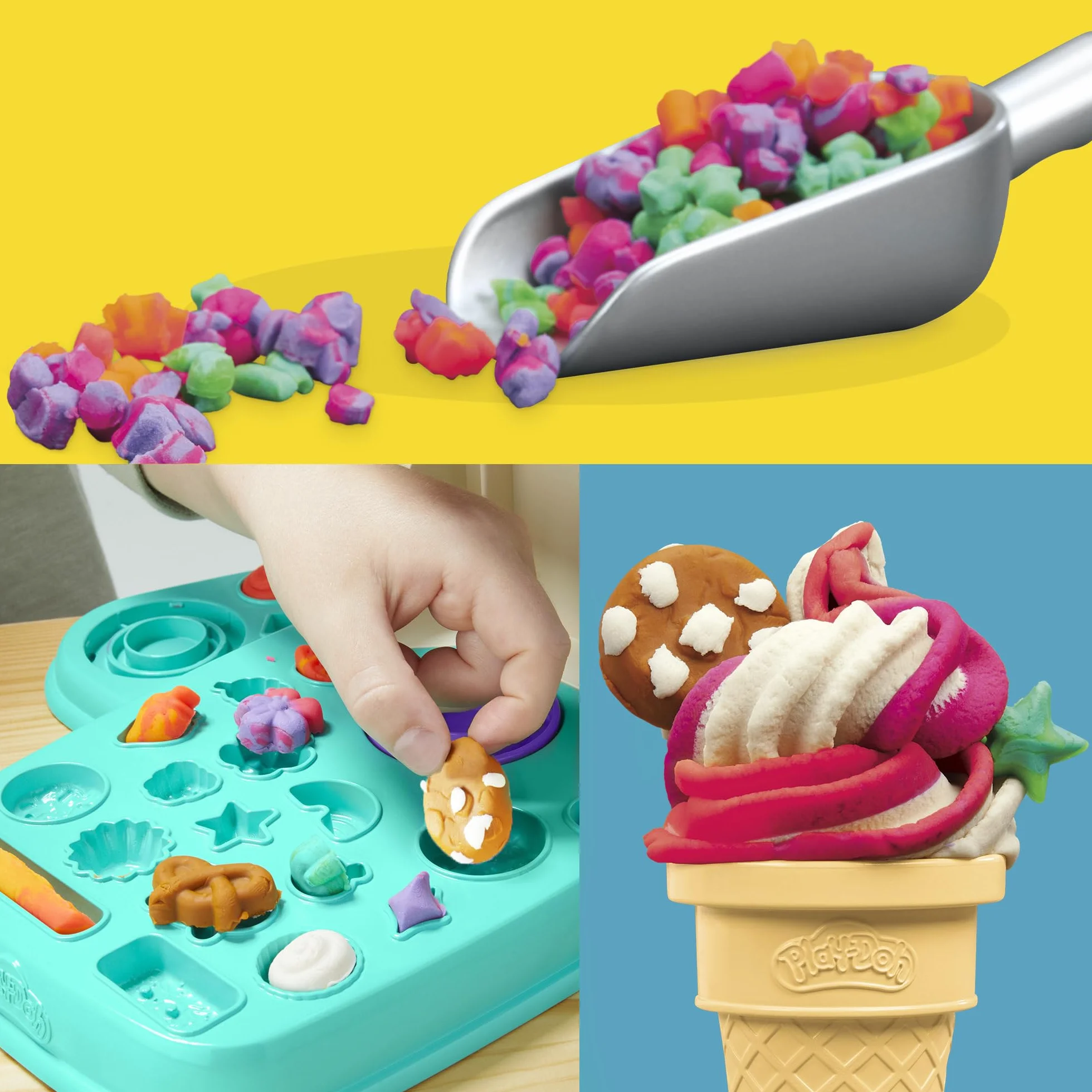 Play-Doh Bunte Regenbogen Eismaschine, 2 x 56g einfarbig & 3 x 56g zweifarbig, Spielküchen-Set mit Zubehör, kreatives Spielen für Kinder ab 3 Jahren
