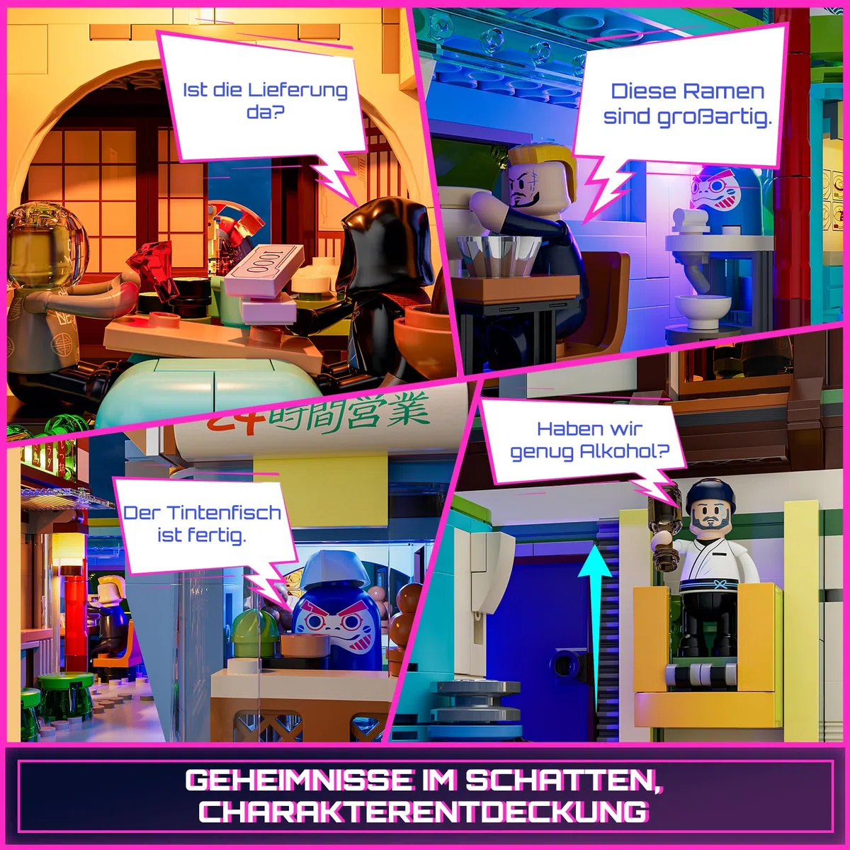 FUNWHOLE Cyberpunk Japanisches Izakaya Licht-Baustein Set – 1987 Teile Modularer Cyberpunk Neon-Stadt Zukunfts-Pub Japanische Straßenszene LED-Licht Modellset für Erwachsene und Sci-Fi-Fans
