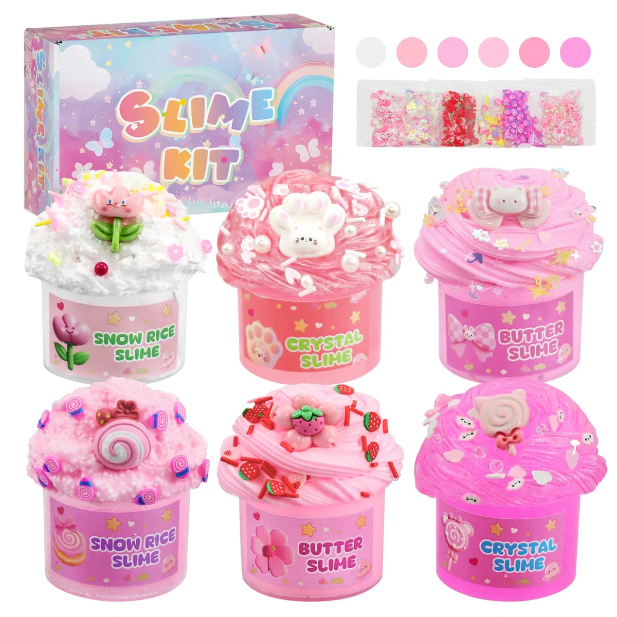 6 Stück Rosa Farbverlauf Slime Set (Schneereis, Butter, Crystal) für Kinder, Geburtstag/Weihnachten DlY Bastelset fur Madchen & Jungen