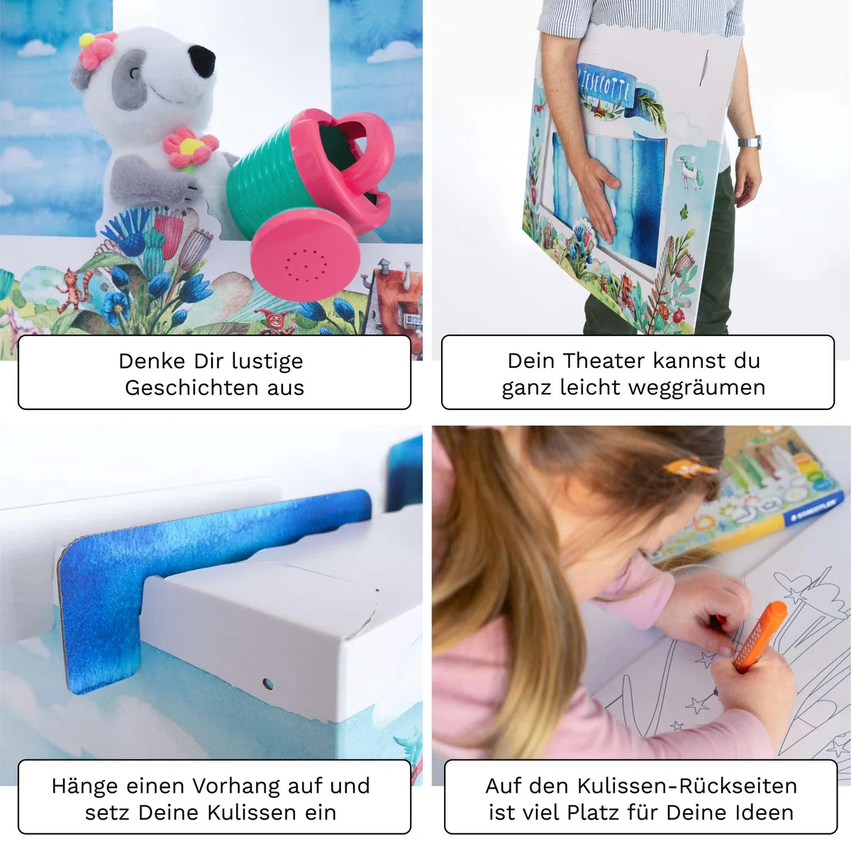 Tisch Puppentheater 47,3 x 75 x 38 cm aus Pappe Theater Karton - Kasperletheater inkl. Kulissen weiß zum Bemalen und Bekleben