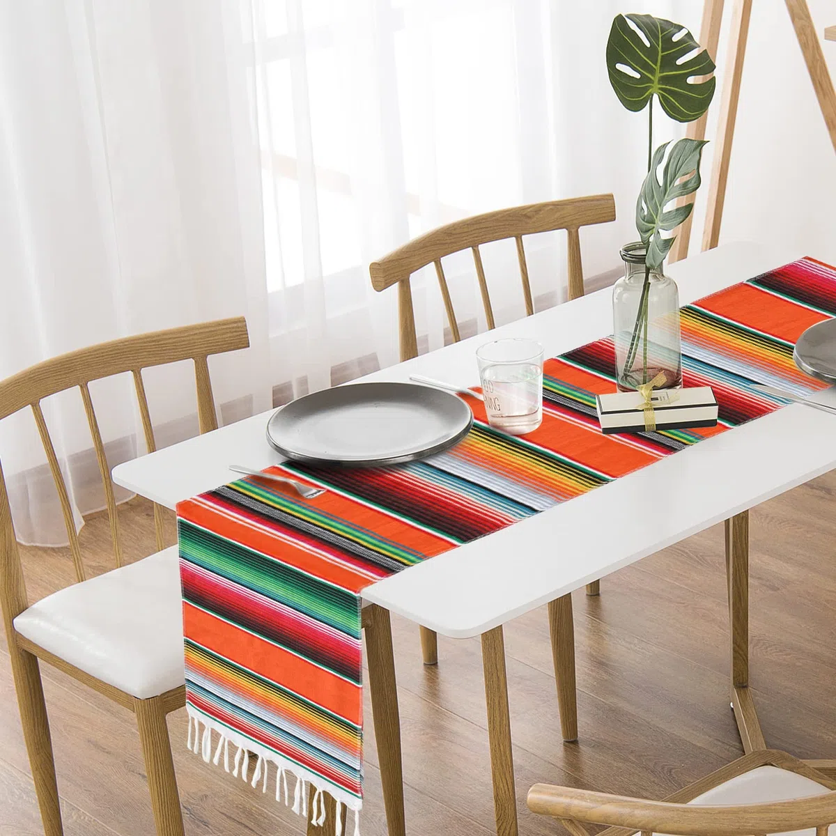 Mexikanischer Tischläufer 35 x 215cm Serape Tischläufer mit Quasten Baumwolle Mexikanische gestreifte Tischdecke Mexikanischer Karneval Hochzeits Partydekor Mexikanische Stranddecke Tisch Dekor (A)