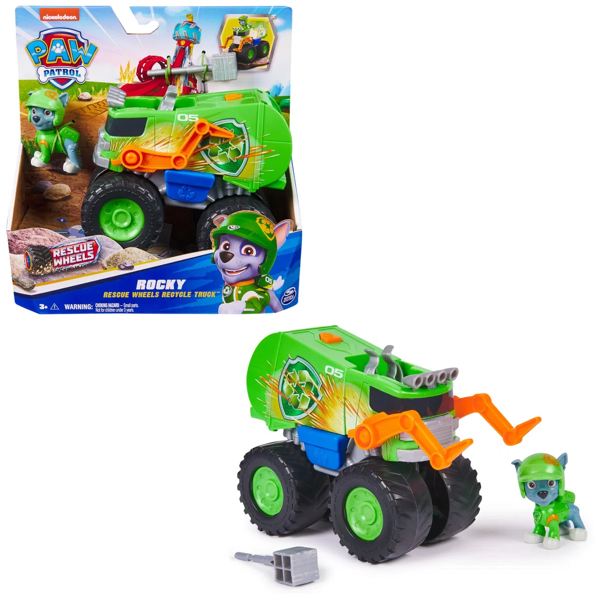 PAW PATROL Rescue Wheels - Rockys Recycling Monstertruck mit Geschoss-Abwurf und Rocky Hundefigur, Spielzeug für Kinder ab 3 Jahren