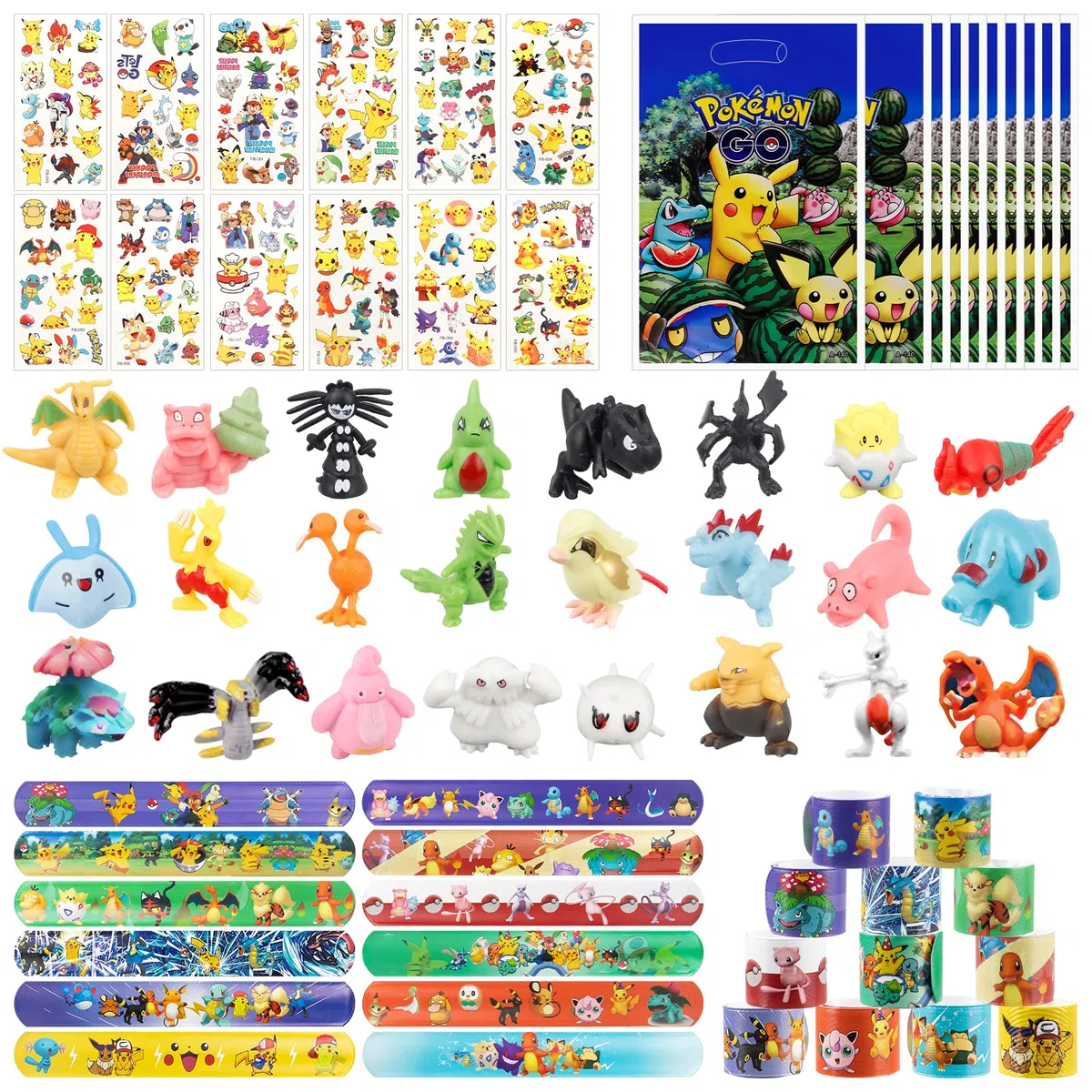 58Pcs Geburtstag Mitgebsel Set, Party Kleinigkeiten Set, 24PC Minifiguren Zufällig+12 Blätter Tattoo +12PC Armband+10 Geschenktüten, Party-Mitgebsel Spielzeug Kleinigkeit