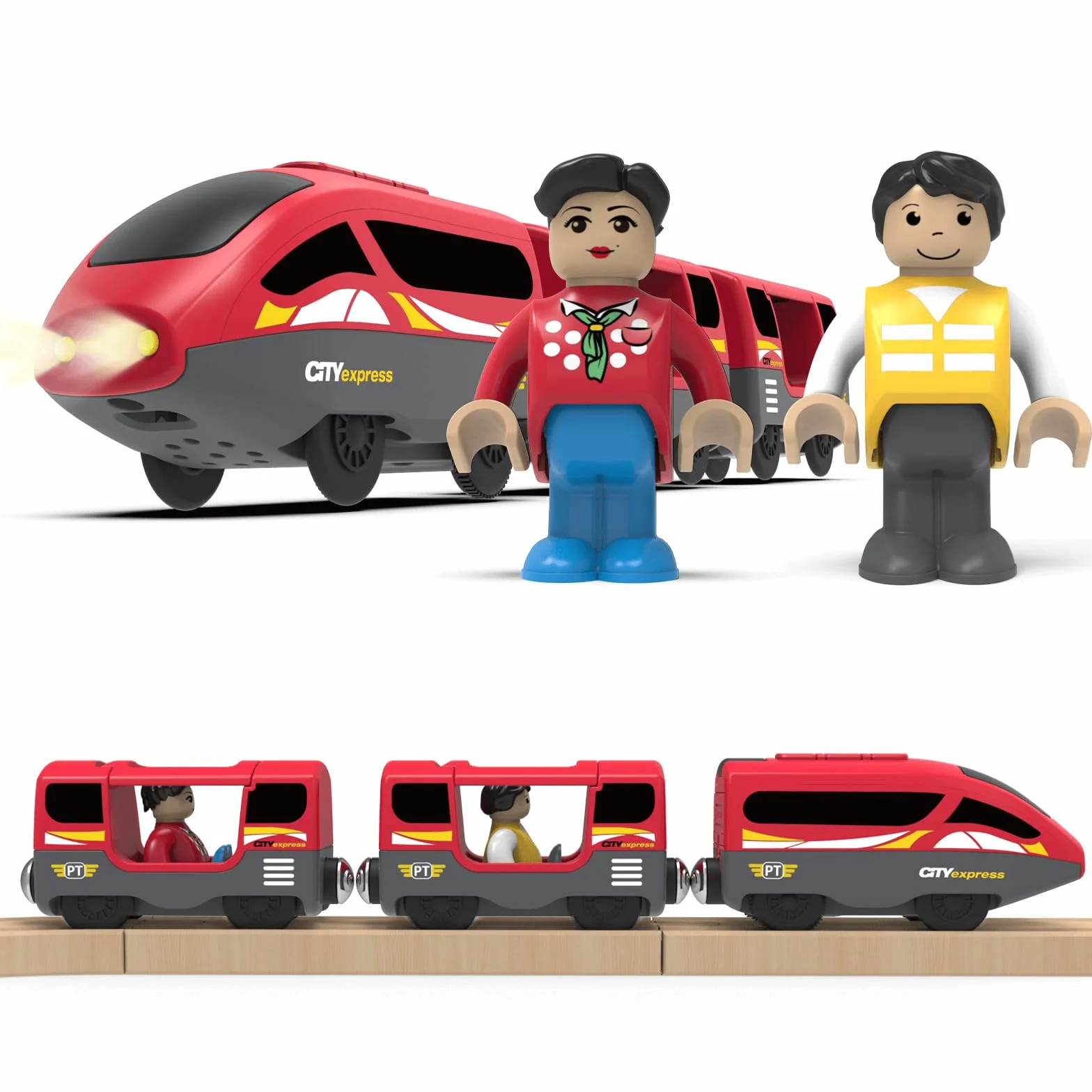 DxxD Eisenbahn Elektrische lok Holzeisenbahn Zug, Batteriebetriebenes Lokomotivzug mit Frontscheinwerfern und Sound, Zugset Kompatibel mit Brio, Thomas, Spielzeugauto Junge Kinder ab 3 Jahren, Rot