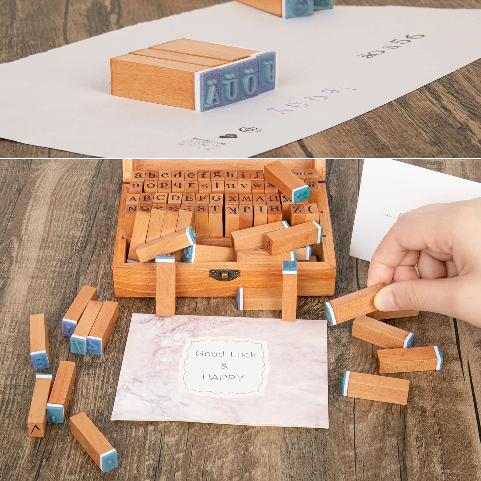 Ausyde Holzstempel Set – 84 Stück Alphabet-Stempel mit Großbuchstaben, Kleinbuchstaben, Zahlen und Symbolen mit Holzbox für Kunst und Handwerk