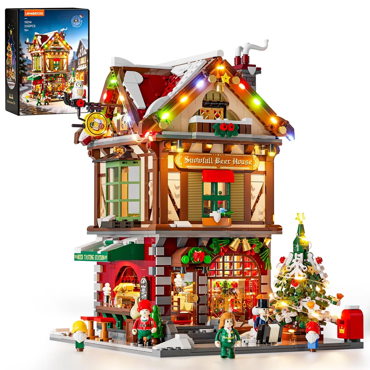 LUMIBRICKS Weihnachts-Pub Bauset mit LED-Beleuchtung und Soundmodul, 2142 Teile Weihnachtsdorf-Modell für Erwachsene, Modulares Gebäude mit Licht- und Musikeffekten
