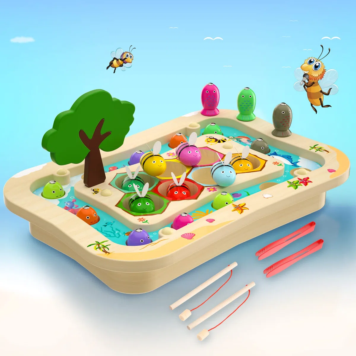 Uping Holzspielzeug AngelSpiel ab 3 Jahre, 2 in 1 Montessori Kinder Holz Magnetisches Spielzeug Mädchen Jungen Lernspielzeug Geschenk Fischspielzeug Fische Angeln, Patentschutz