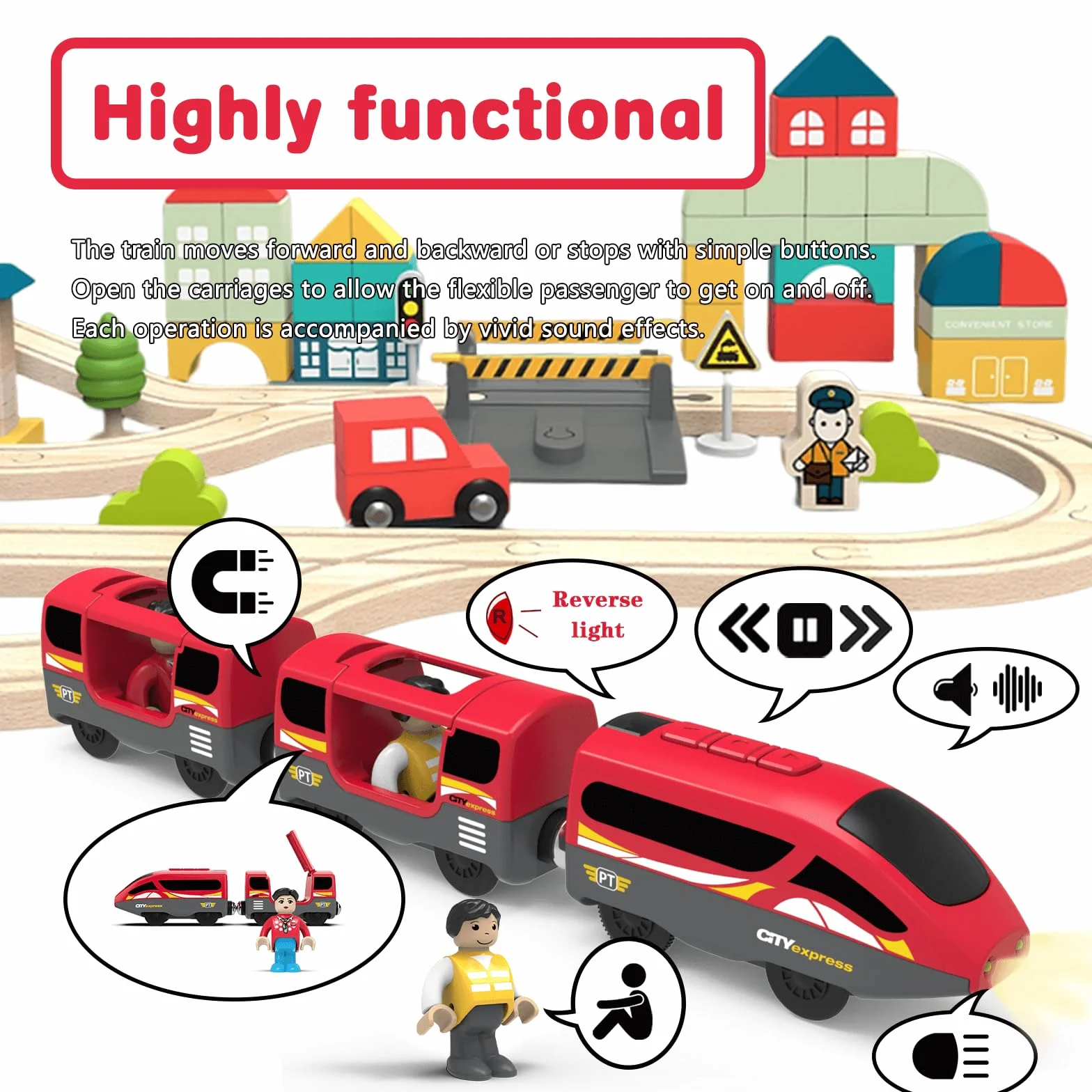 DxxD Eisenbahn Elektrische lok Holzeisenbahn Zug, Batteriebetriebenes Lokomotivzug mit Frontscheinwerfern und Sound, Zugset Kompatibel mit Brio, Thomas, Spielzeugauto Junge Kinder ab 3 Jahren, Rot