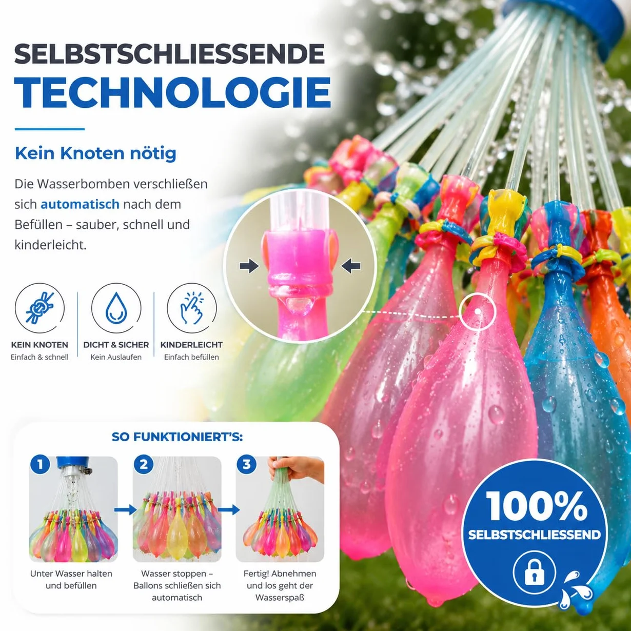 444x Selbstschließende Wasserbomben bunt - Erwachsene & Kinder - Schnell befüllbar - Luftballons