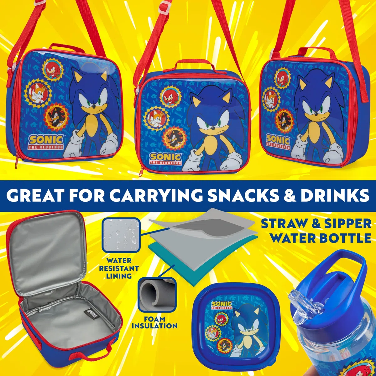 Get Trend SONIC THE HEDGEHOG Lunchtasche Kinder Set mit Trinkflasche und Lunchbox BPA Frei Isolierte Tasche für Schule Kita Kindergarten Urlaub (Sonic)