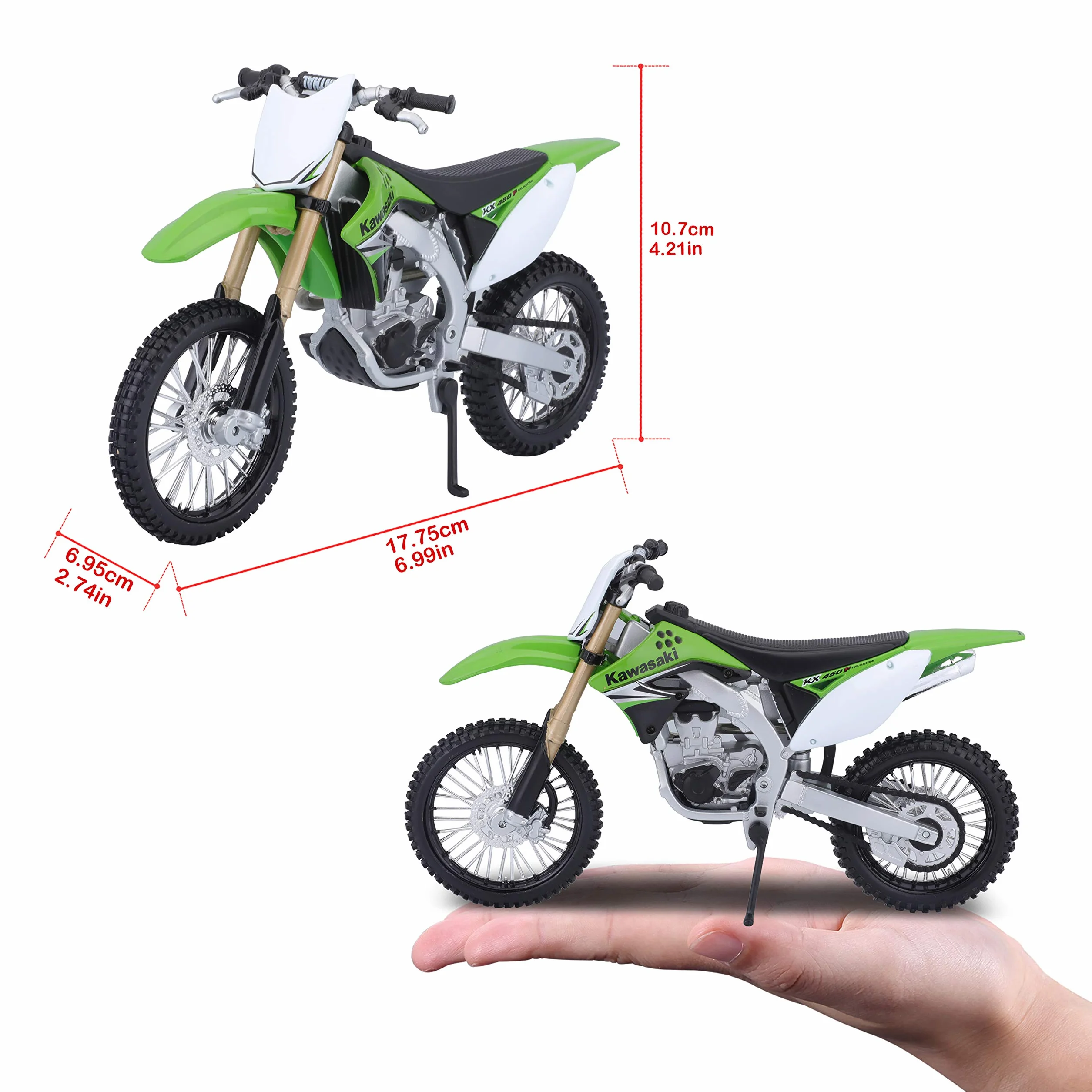 Bauer Spielwaren 2049755 Maisto Kawasaki KX 450F: Originalgetreues Motorradmodell 1:12, mit beweglichem Ständer, Hinterrad-Federung und frei rollenden Rädern, grün (531175)