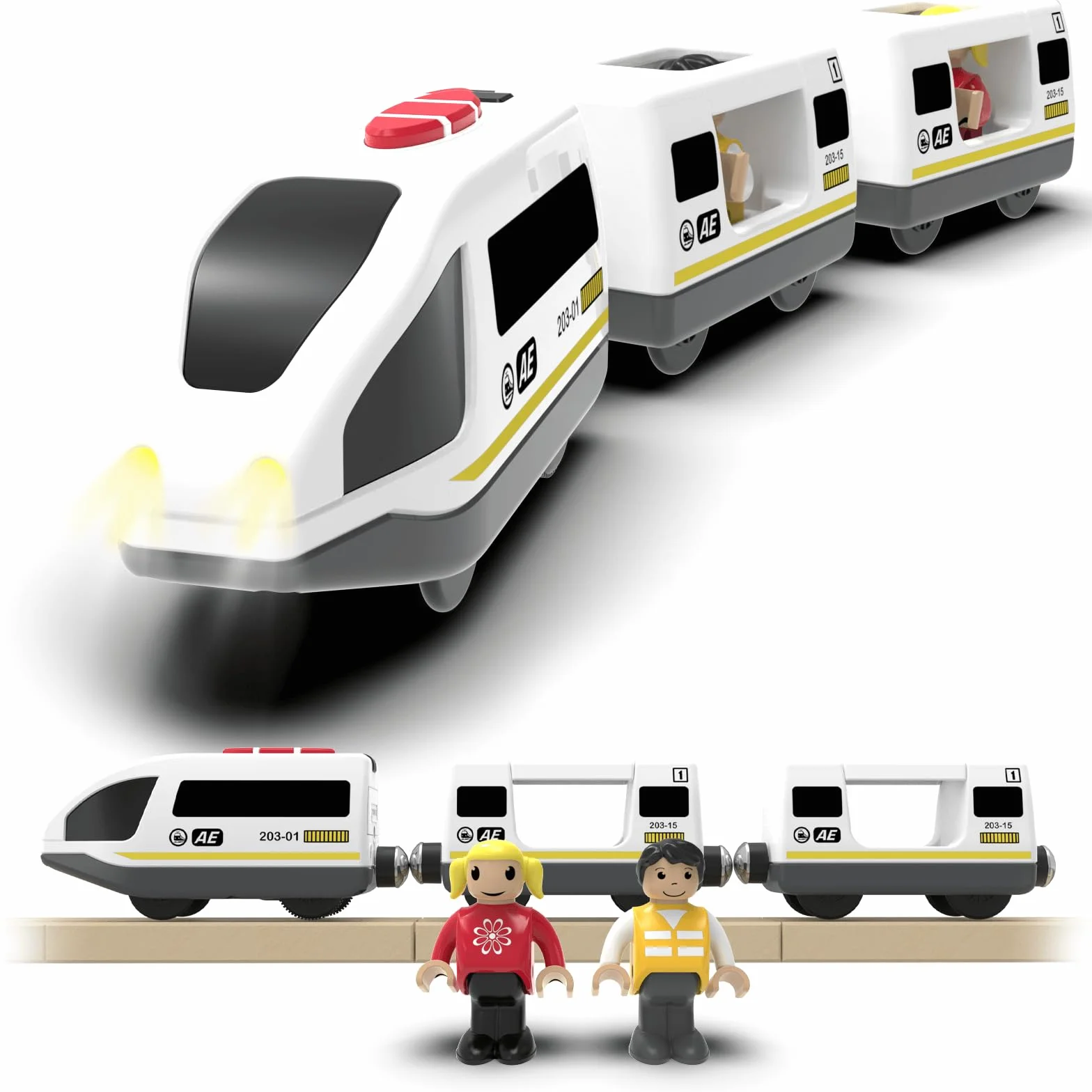 DxxD Eisenbahn Elektrische lok Holzeisenbahn Zug, Batteriebetriebenes Lokomotivzug mit Frontscheinwerfern und Sound, Zugset Kompatibel mit Brio, Thomas, Spielzeugauto Junge Kinder ab 3 Jahren, Weiß