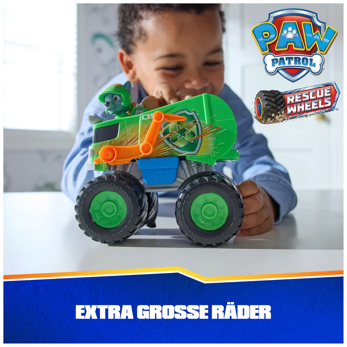 PAW PATROL Rescue Wheels - Rockys Recycling Monstertruck mit Geschoss-Abwurf und Rocky Hundefigur, Spielzeug für Kinder ab 3 Jahren