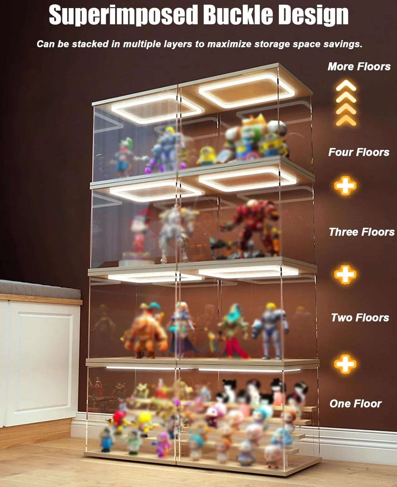 Acryl Vitrine Vitrine für Figuren, Puppen und Trophäen, Leichter, Hoher Acryl-Vitrine für Sammlerstücke, Staubdichter Aufbewahrungsschrank mit LED-Beleuchtung, PVC-Vitrine mit Würfel(40x40x50cm/16x16x