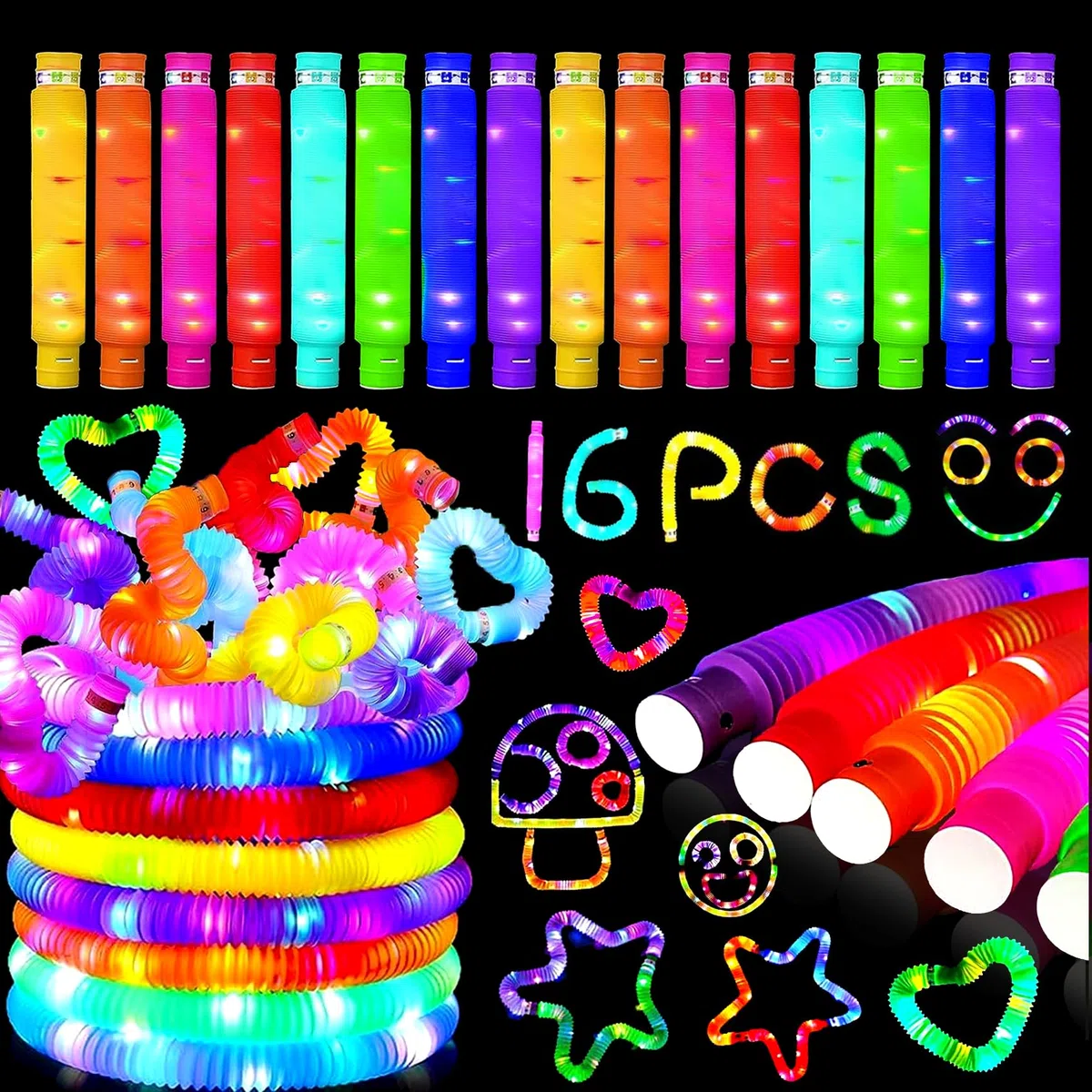 16 Stück Knicklicht Pop Tubes,LED Pop Tubes Fidget Toys,Party Supplies Leuchtstäbe,Knicklichter Armbänder Party Deko Set,Bunt Sensorik Spielzeug Pop Röhren Mitgebsel Kindergeburtstag für Kinder
