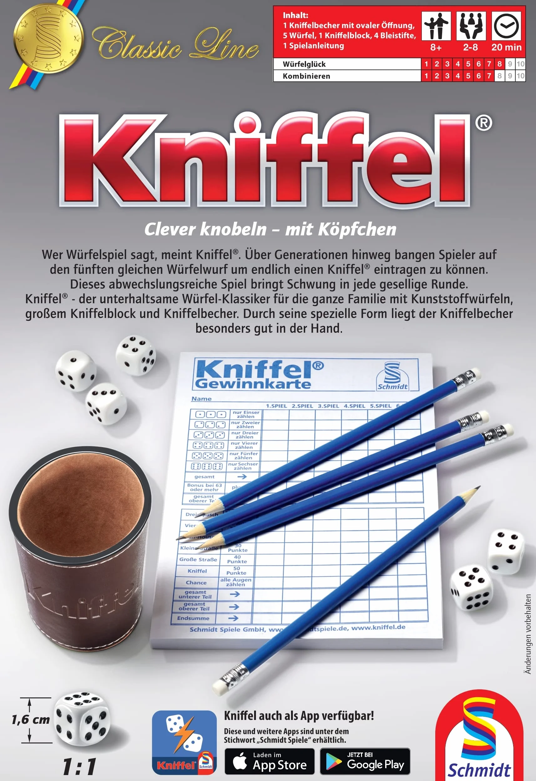 Schmidt Spiele 49203 Kniffel, Classic Line, mit großem Block, mit original Kniffelbecher