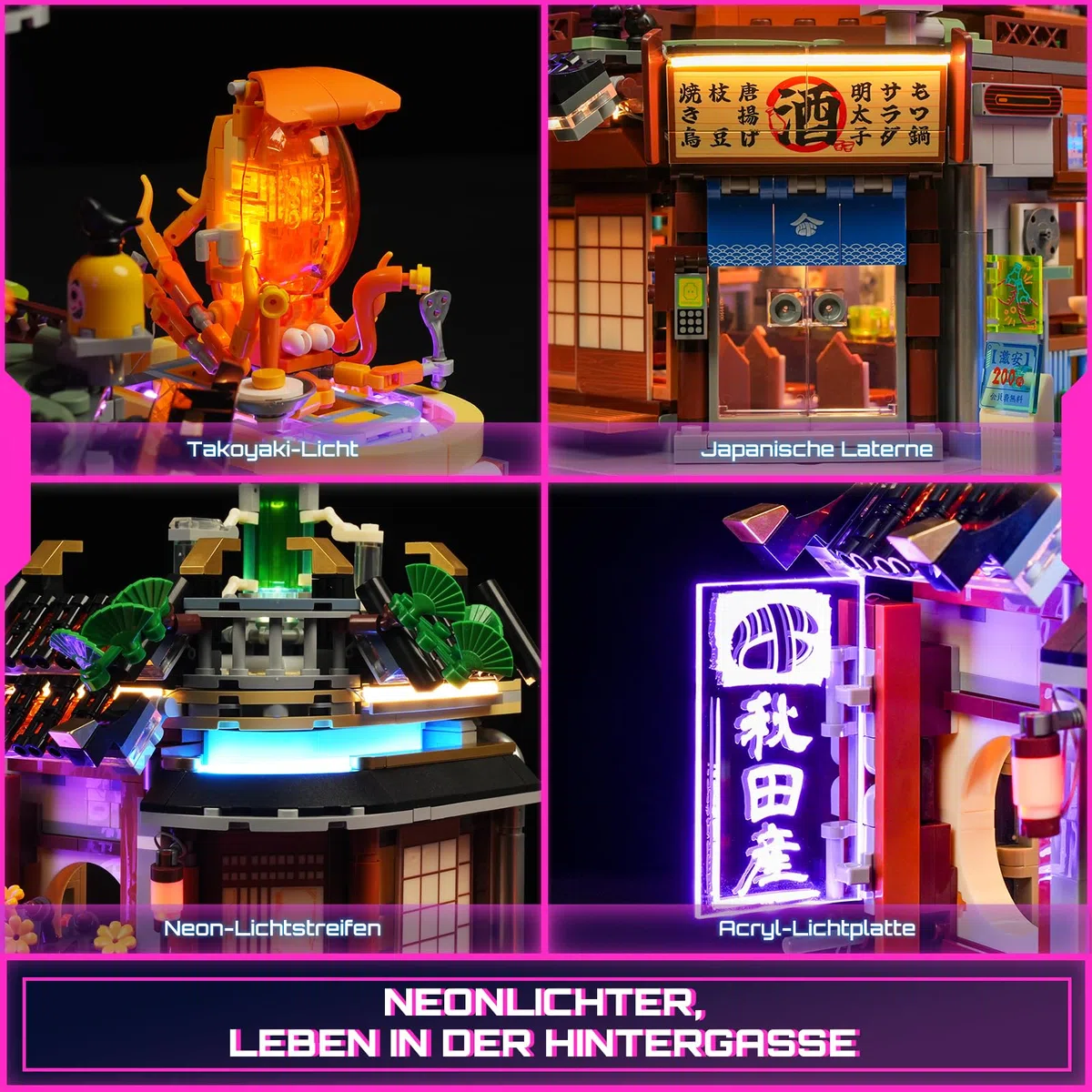 FUNWHOLE Cyberpunk Japanisches Izakaya Licht-Baustein Set – 1987 Teile Modularer Cyberpunk Neon-Stadt Zukunfts-Pub Japanische Straßenszene LED-Licht Modellset für Erwachsene und Sci-Fi-Fans